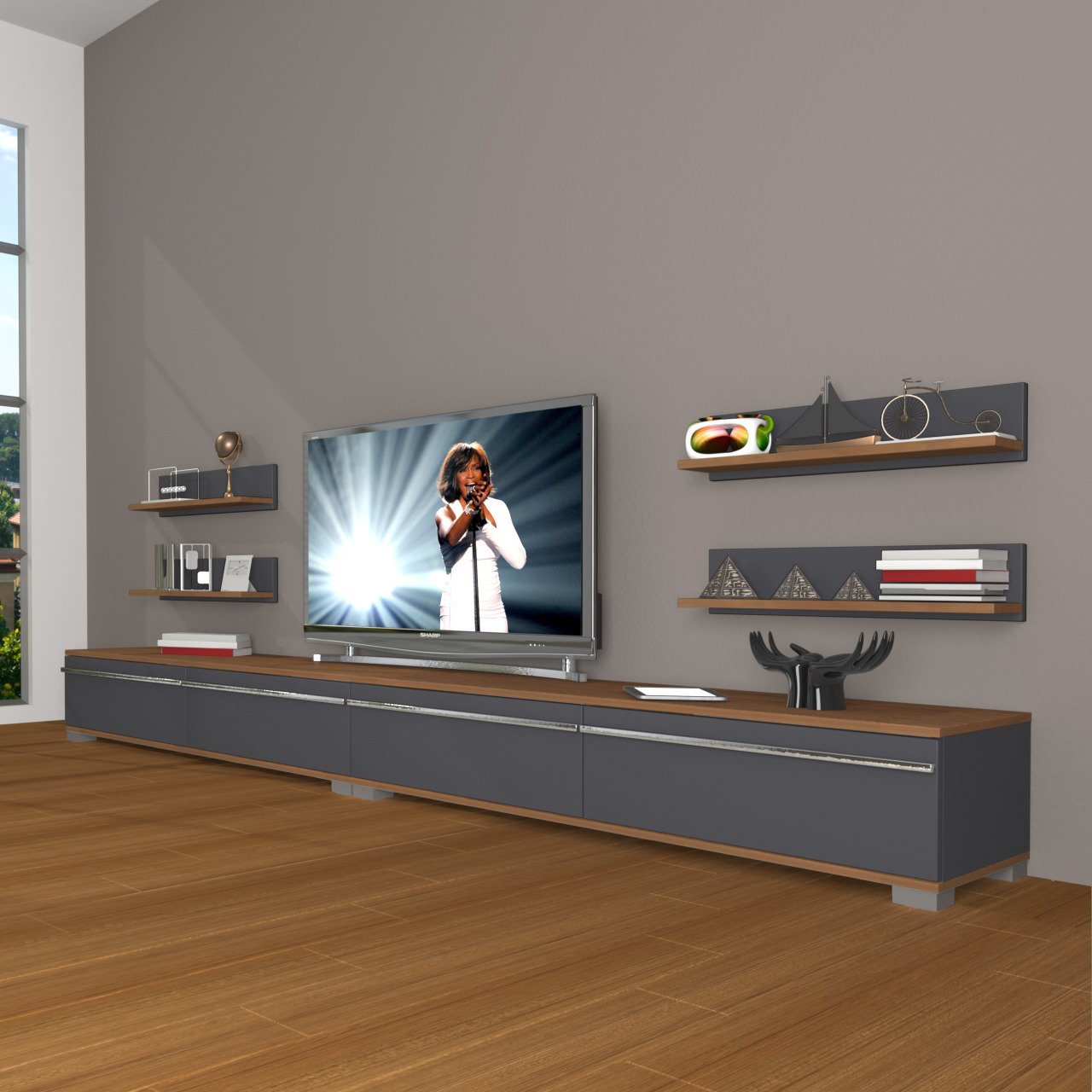 Decoraktiv Eko 360R Mdf Tv Ünitesi Tv Sehpası Ceviz - Antrasit