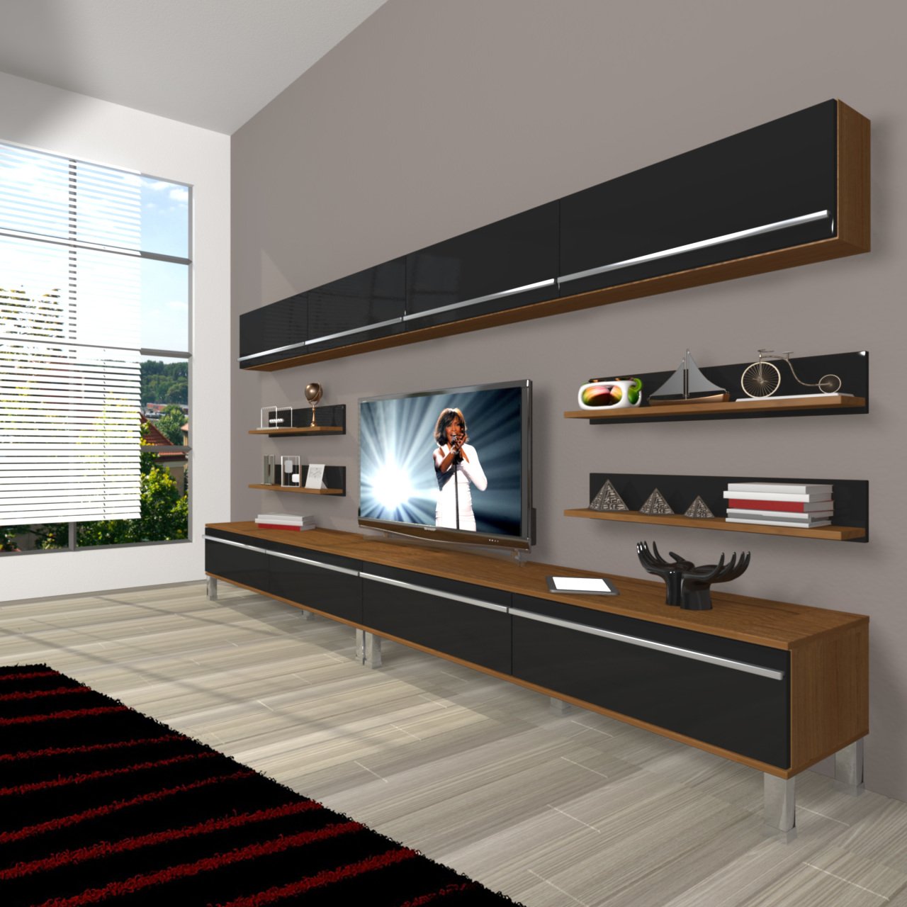 Decoraktiv Eko 360Y Mdf Krom Ayaklı Tv Ünitesi Tv Sehpası Ceviz - Siyah