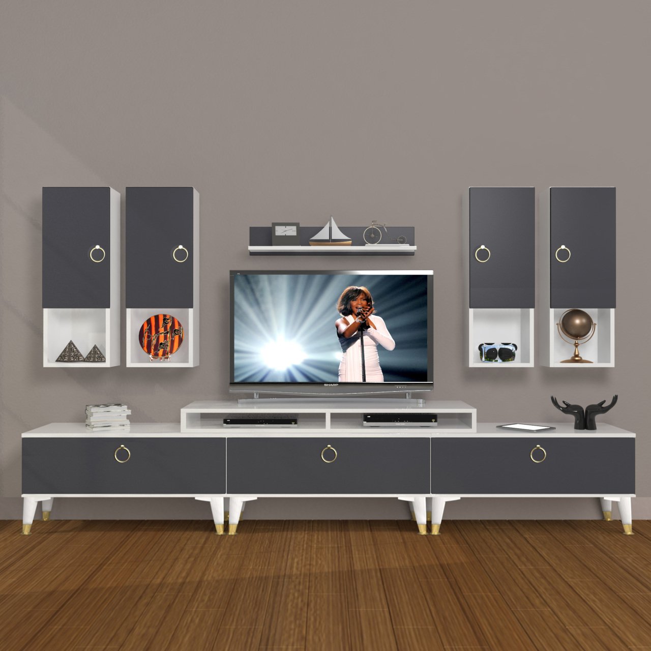 Decoraktiv Ekoflex 8DA Mdf Gold Tv Ünitesi Tv Sehpası Beyaz - Antrasit