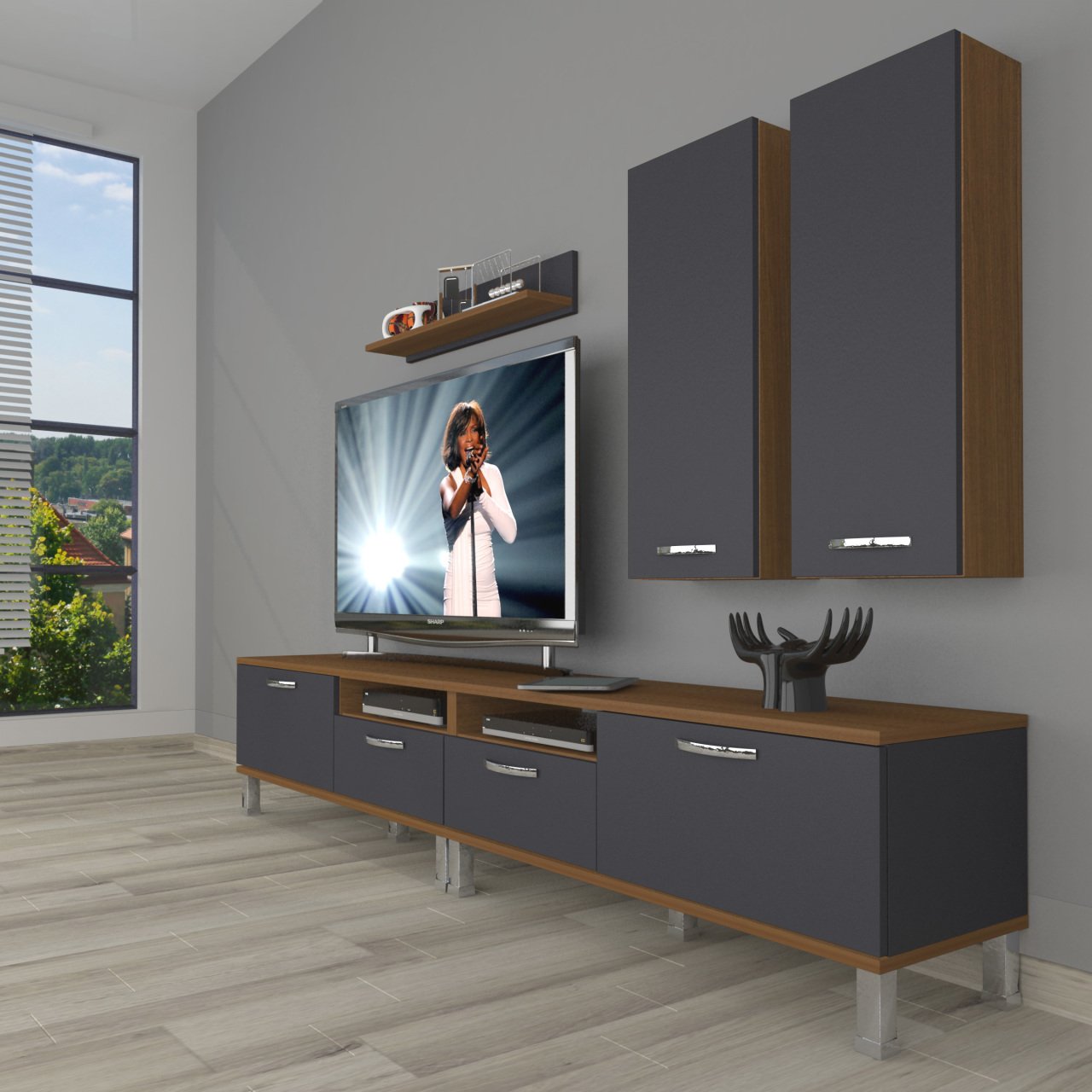 Decoraktiv Eko 5220D Mdf Krom Ayaklı Tv Ünitesi Tv Sehpası Ceviz - Antrasit