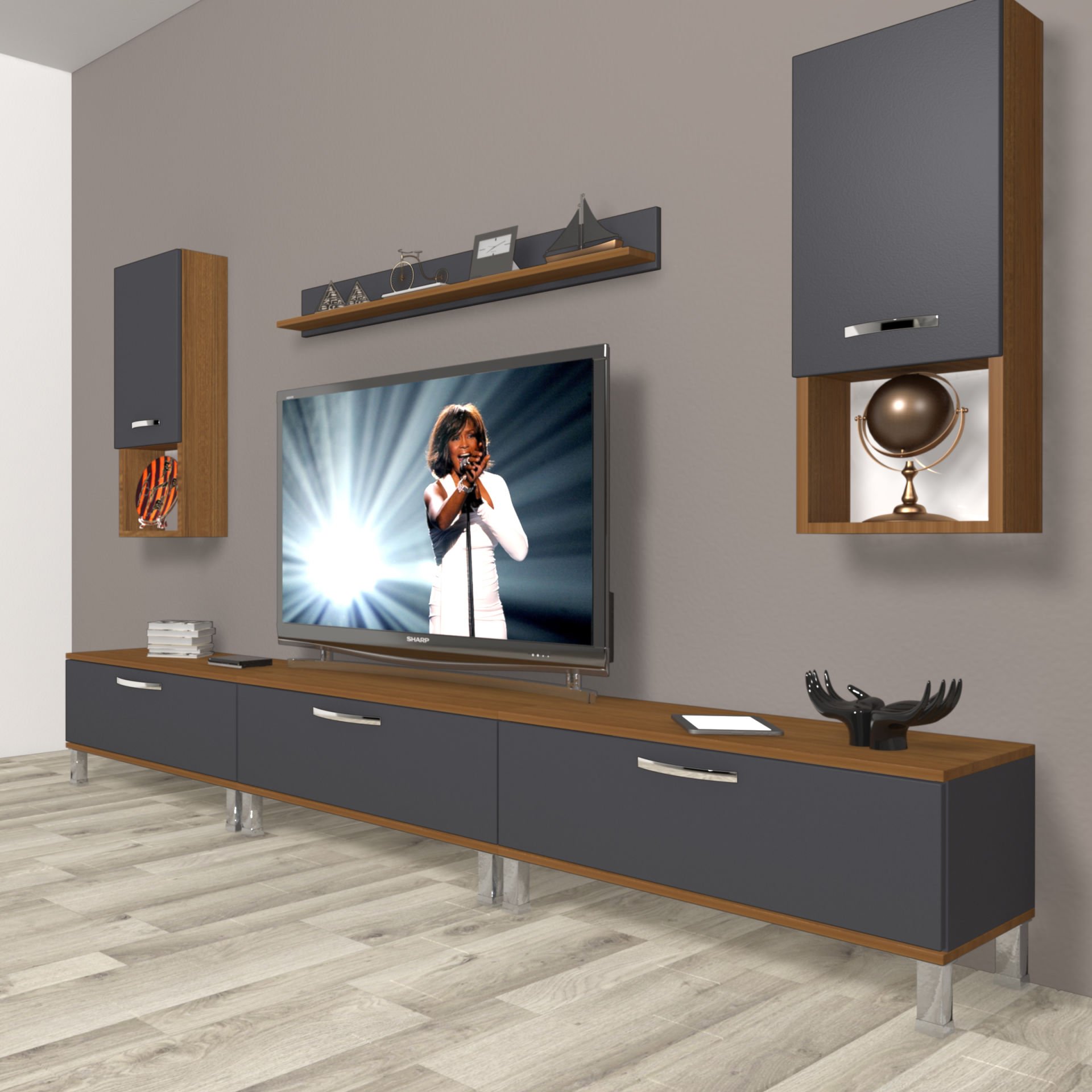 Decoraktiv Eko 270da Mdf Krom Ayaklı Tv Ünitesi Tv Sehpası Ceviz - Antrasit