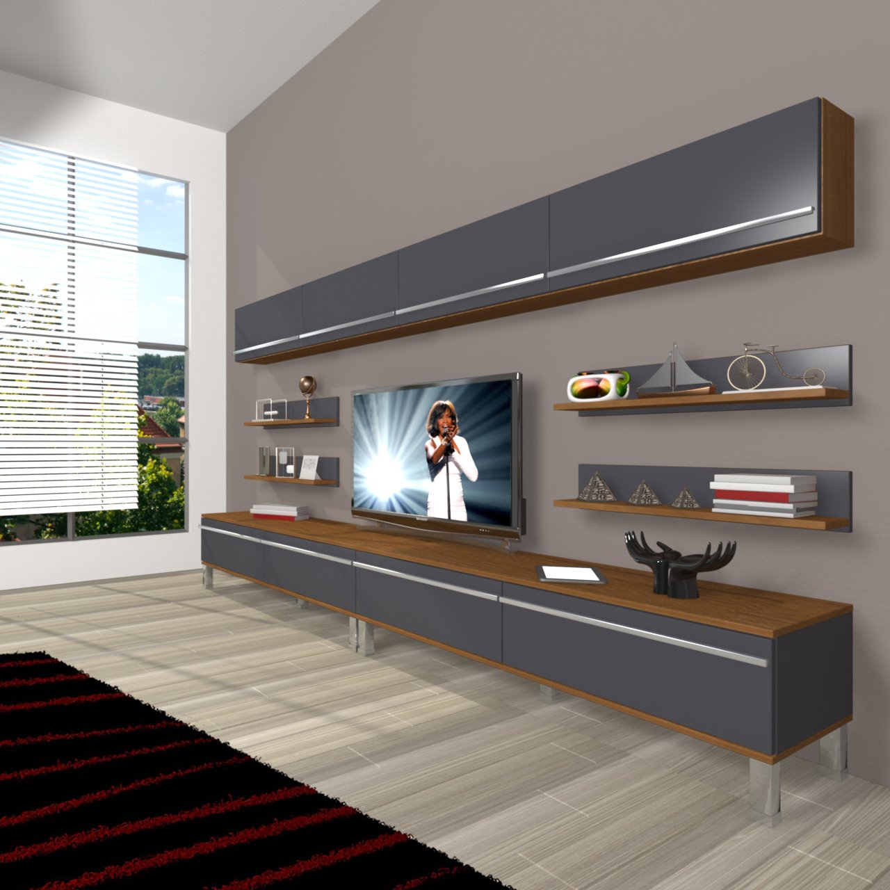 Decoraktiv Eko 360Y Mdf Krom Ayaklı Tv Ünitesi Tv Sehpası Ceviz - Antrasit