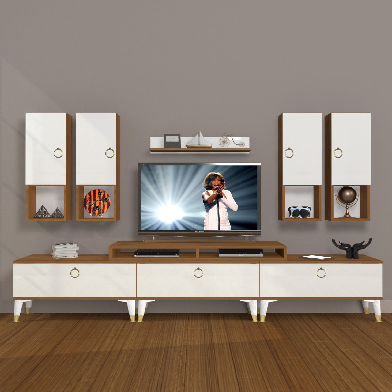 Decoraktiv Ekoflex 8DA Mdf Gold Tv Ünitesi Tv Sehpası Ceviz - Beyaz