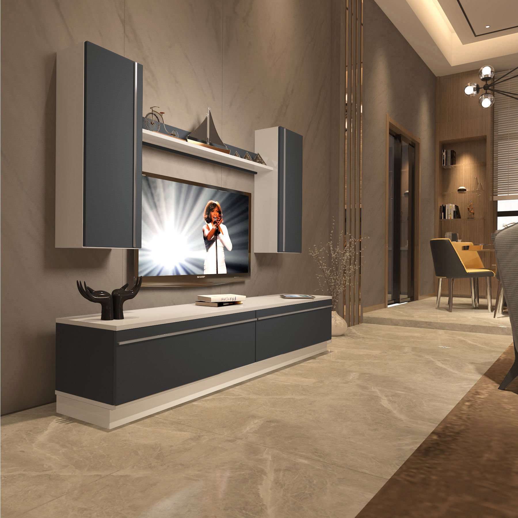 Decoraktiv Eko 5DB Mdf Std Tv Ünitesi Tv Sehpası Beyaz - Antrasit