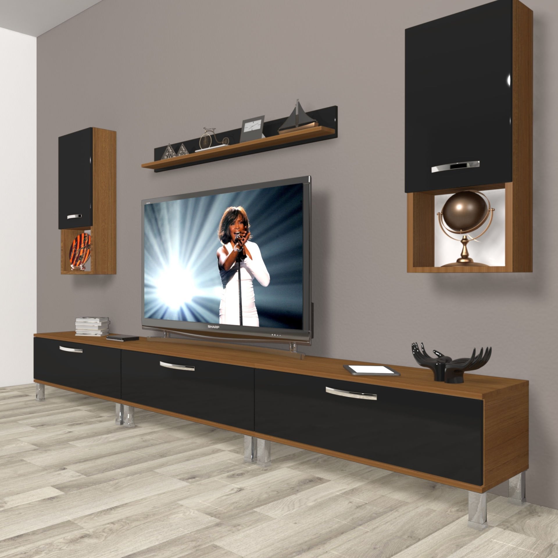 Decoraktiv Eko 270da Mdf Krom Ayaklı Tv Ünitesi Tv Sehpası Ceviz - Siyah