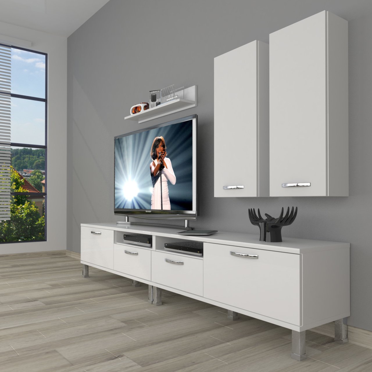 Decoraktiv Eko 5220D Mdf Krom Ayaklı Tv Ünitesi Tv Sehpası Parlak Beyaz