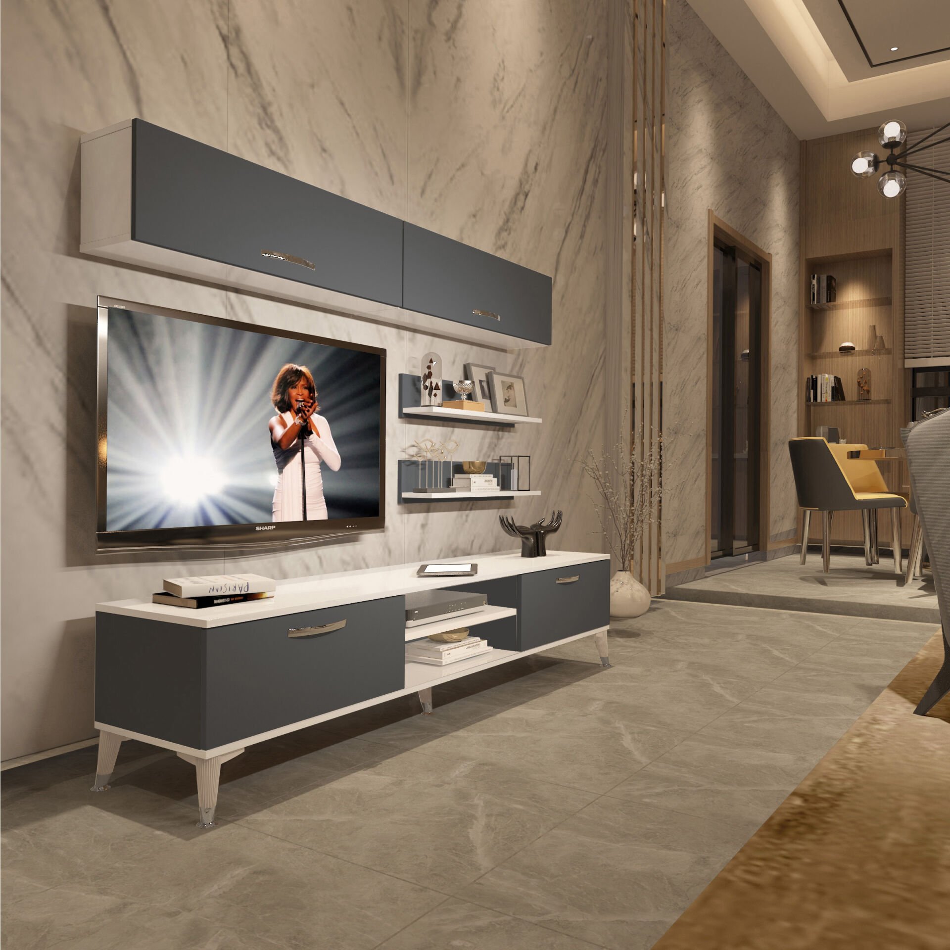 Decoraktiv Eko 5 Mdf Dvd Silver Tv Ünitesi Tv Sehpası Beyaz - Antrasit