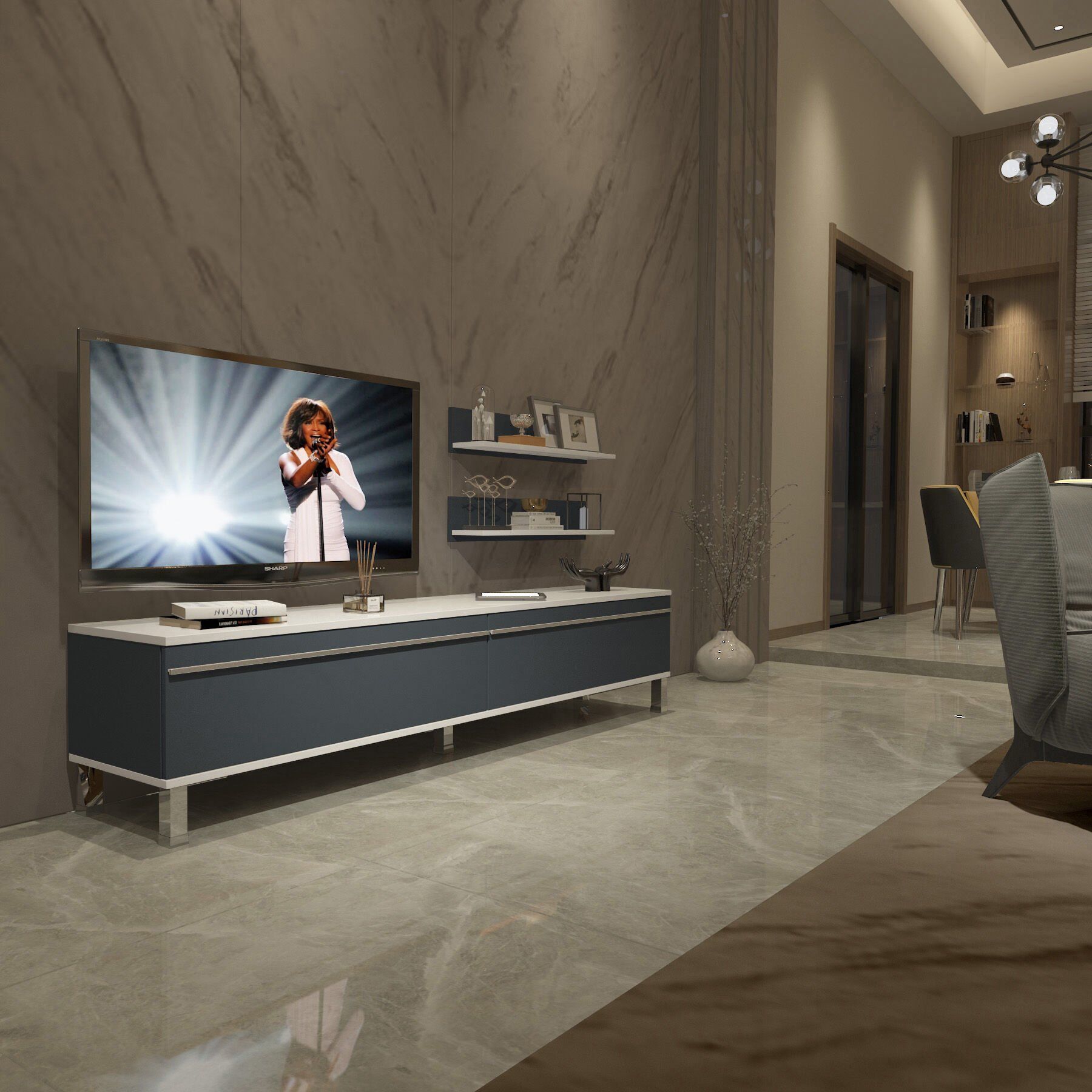 Decoraktiv Eko 4 Mdf Std Krom Ayaklı Tv Ünitesi Tv Sehpası Beyaz - Antrasit