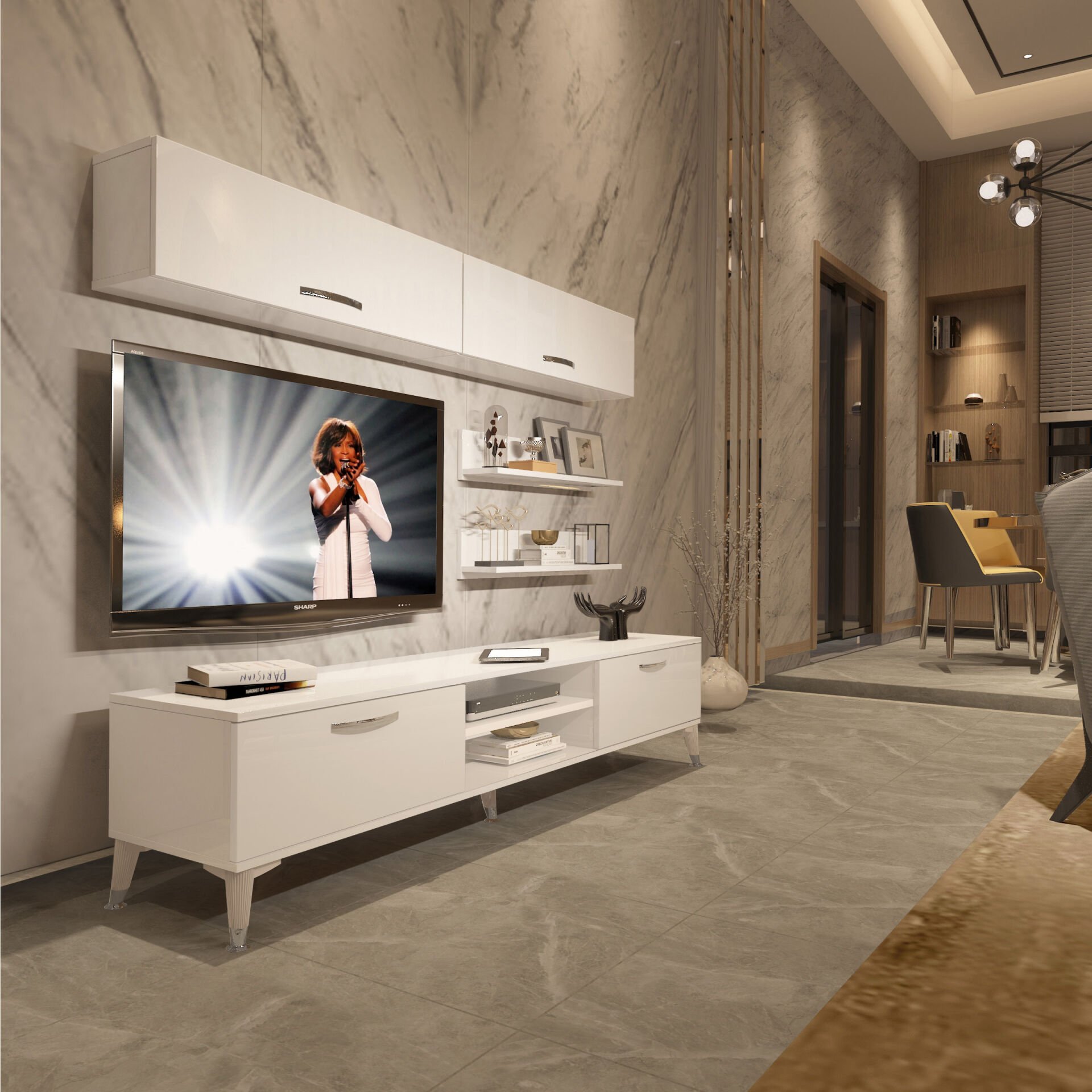 Decoraktiv Eko 5 Mdf Dvd Silver Tv Ünitesi Tv Sehpası Parlak Beyaz