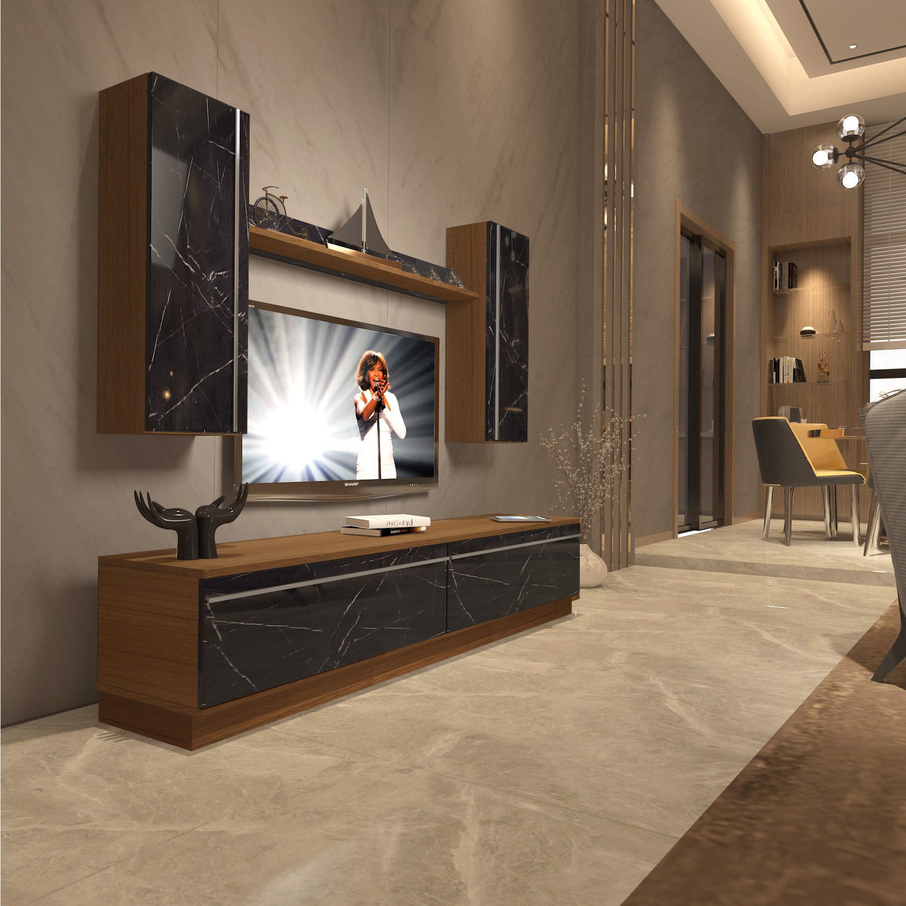 Decoraktiv Eko 5DB Mdf Std Tv Ünitesi Tv Sehpası Ceviz - Siyah Mermer