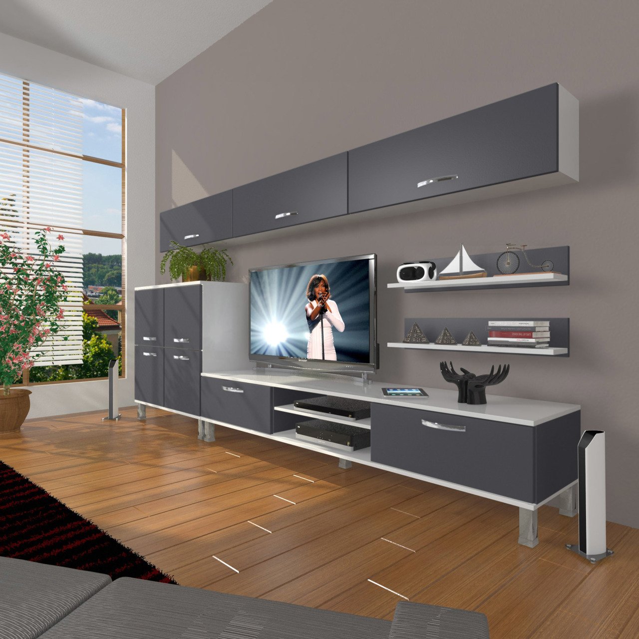 Decoraktiv Eko 8 Mdf Dvd Krom Ayaklı Tv Ünitesi Tv Sehpası Beyaz - Antrasit