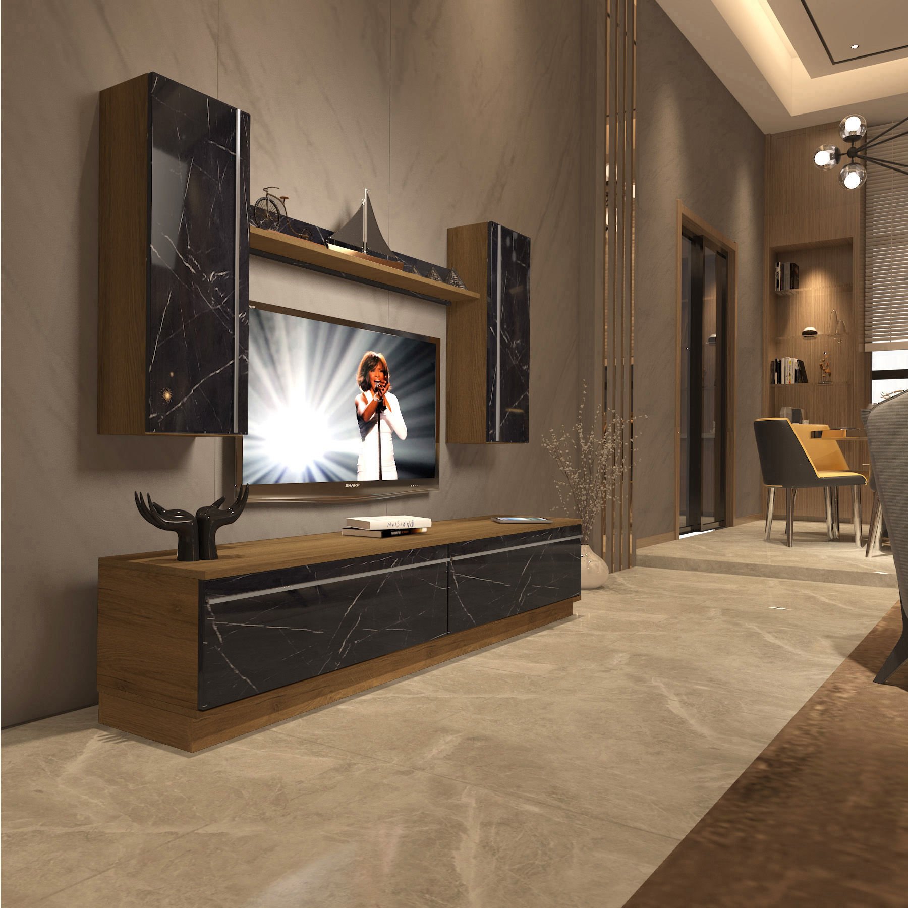 Decoraktiv Eko 5DB Mdf Std Tv Ünitesi Tv Sehpası Pera - Siyah Mermer