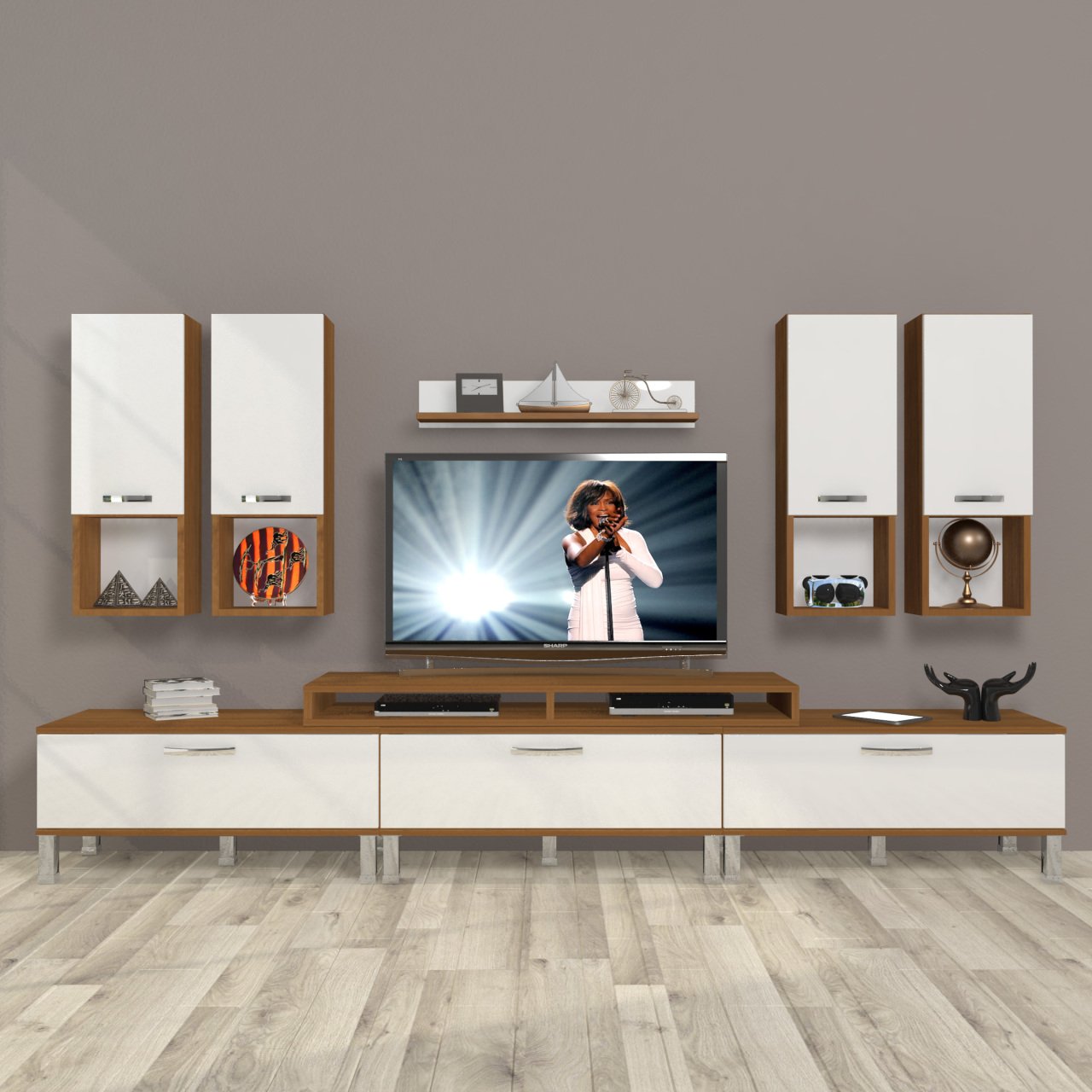Decoraktiv Ekoflex 8DA Slm Krom Ayaklı Tv Ünitesi Tv Sehpası Ceviz - Beyaz