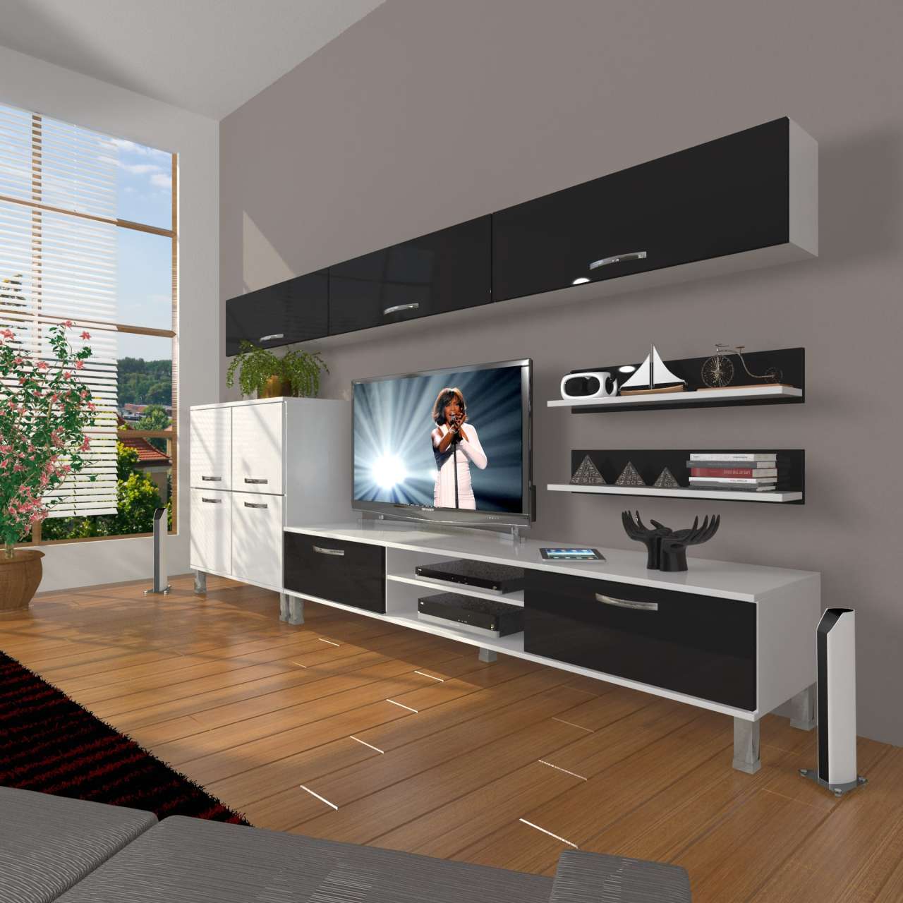 Decoraktiv Eko 8 Mdf Dvd Krom Ayaklı Tv Ünitesi Tv Sehpası Beyaz - Siyah