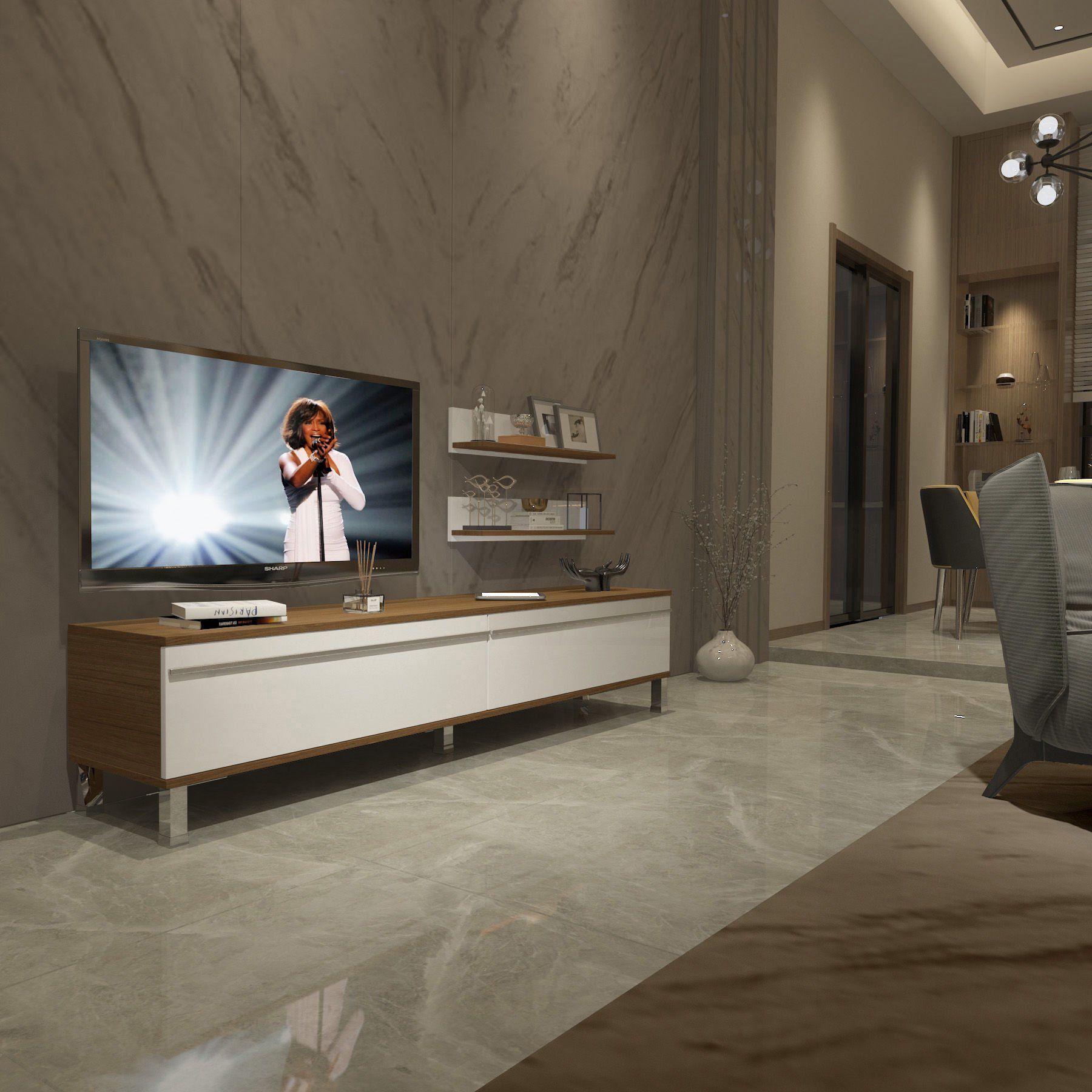 Decoraktiv Eko 4 Mdf Std Krom Ayaklı Tv Ünitesi Tv Sehpası Ceviz - Beyaz