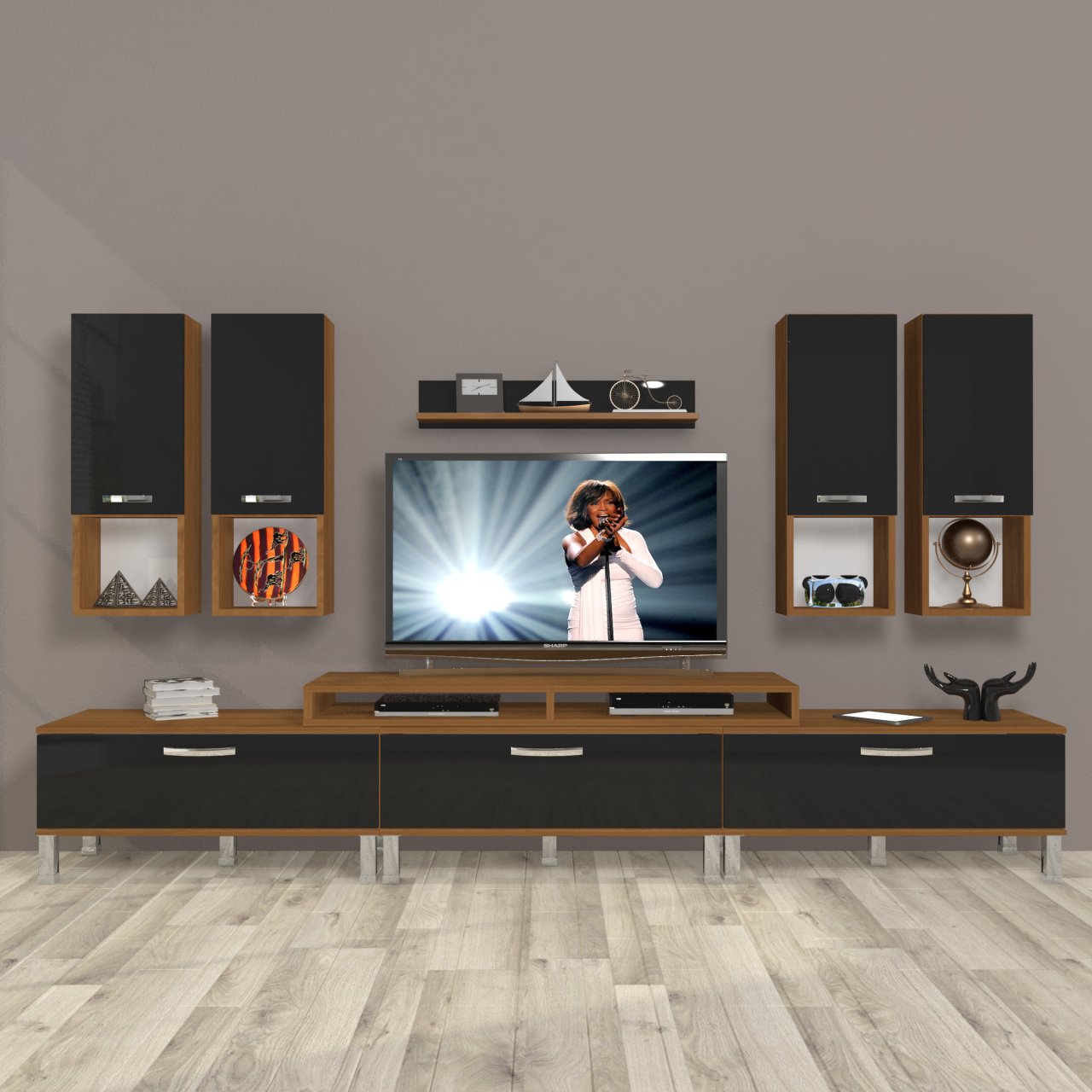 Decoraktiv Ekoflex 8DA Slm Krom Ayaklı Tv Ünitesi Tv Sehpası Ceviz - Siyah