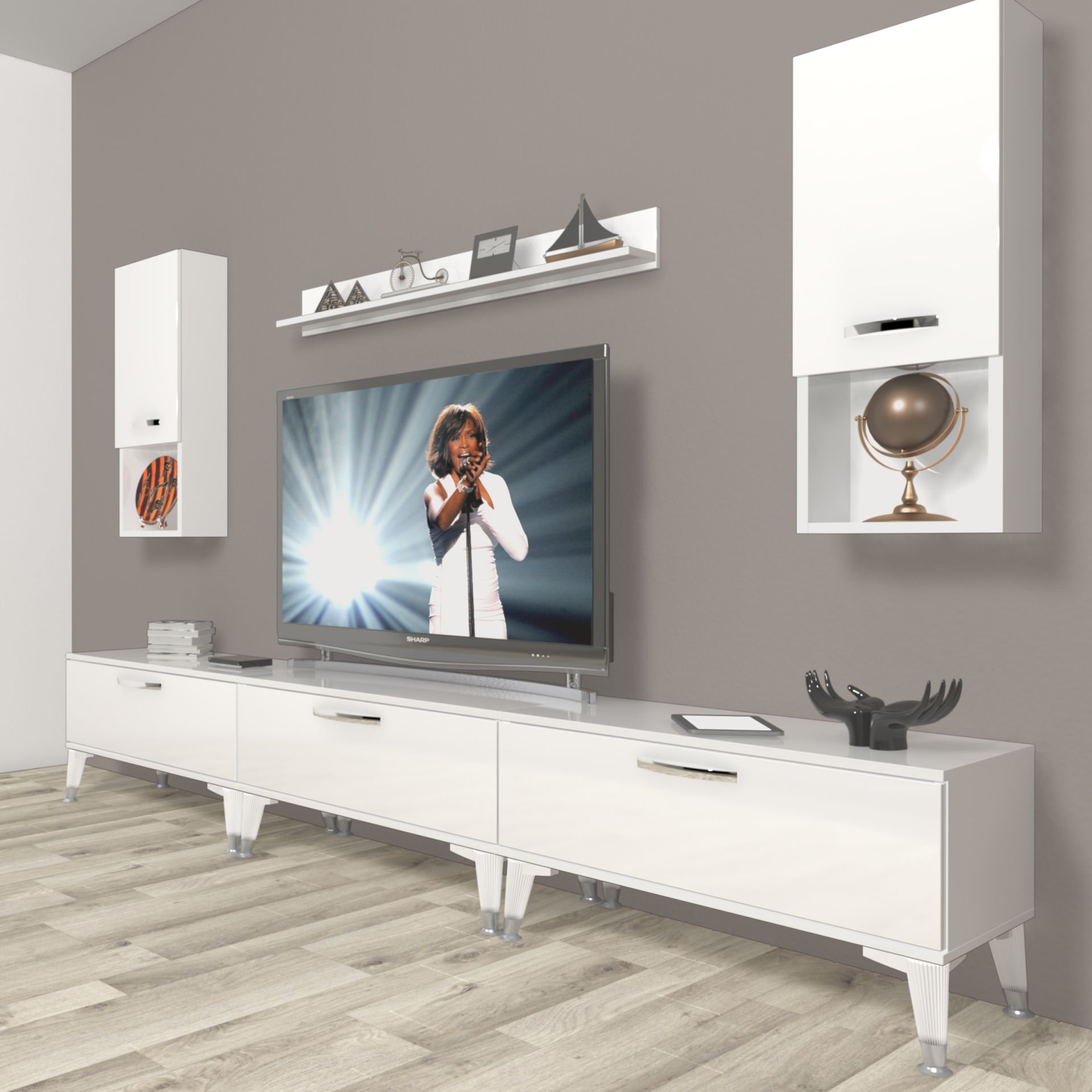 Decoraktiv Eko 270da Mdf Silver Tv Ünitesi Tv Sehpası Parlak Beyaz