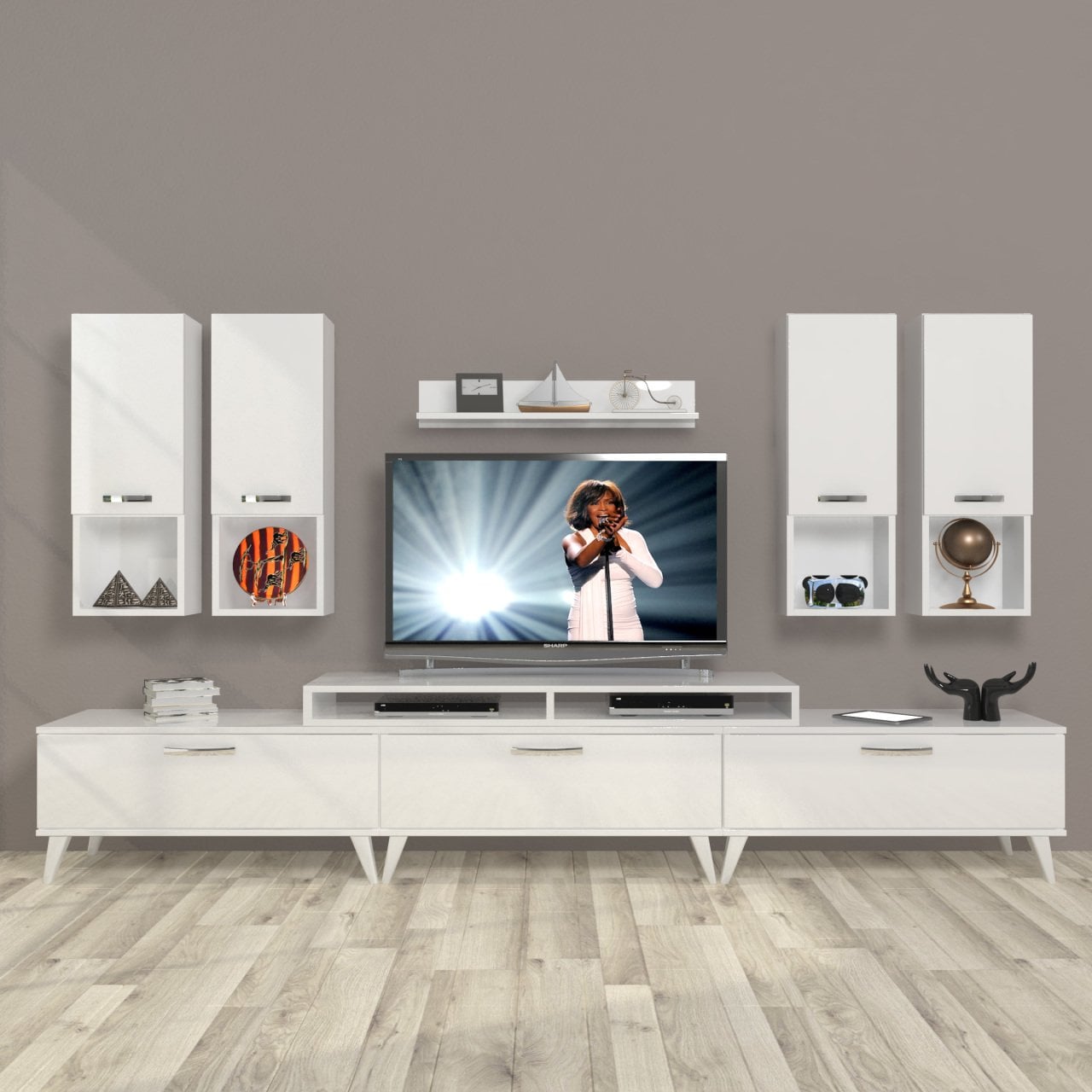 Decoraktiv Ekoflex 8DA Slm Retro Tv Ünitesi Tv Sehpası Parlak Beyaz