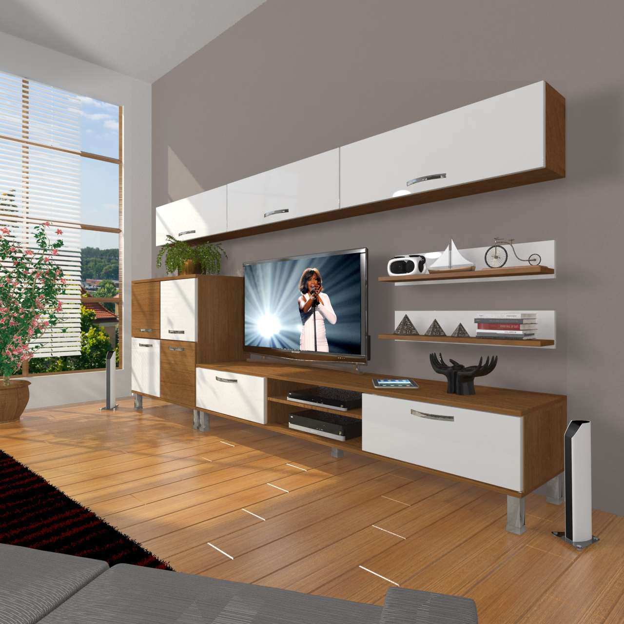 Decoraktiv Eko 8 Mdf Dvd Krom Ayaklı Tv Ünitesi Tv Sehpası Ceviz - Beyaz