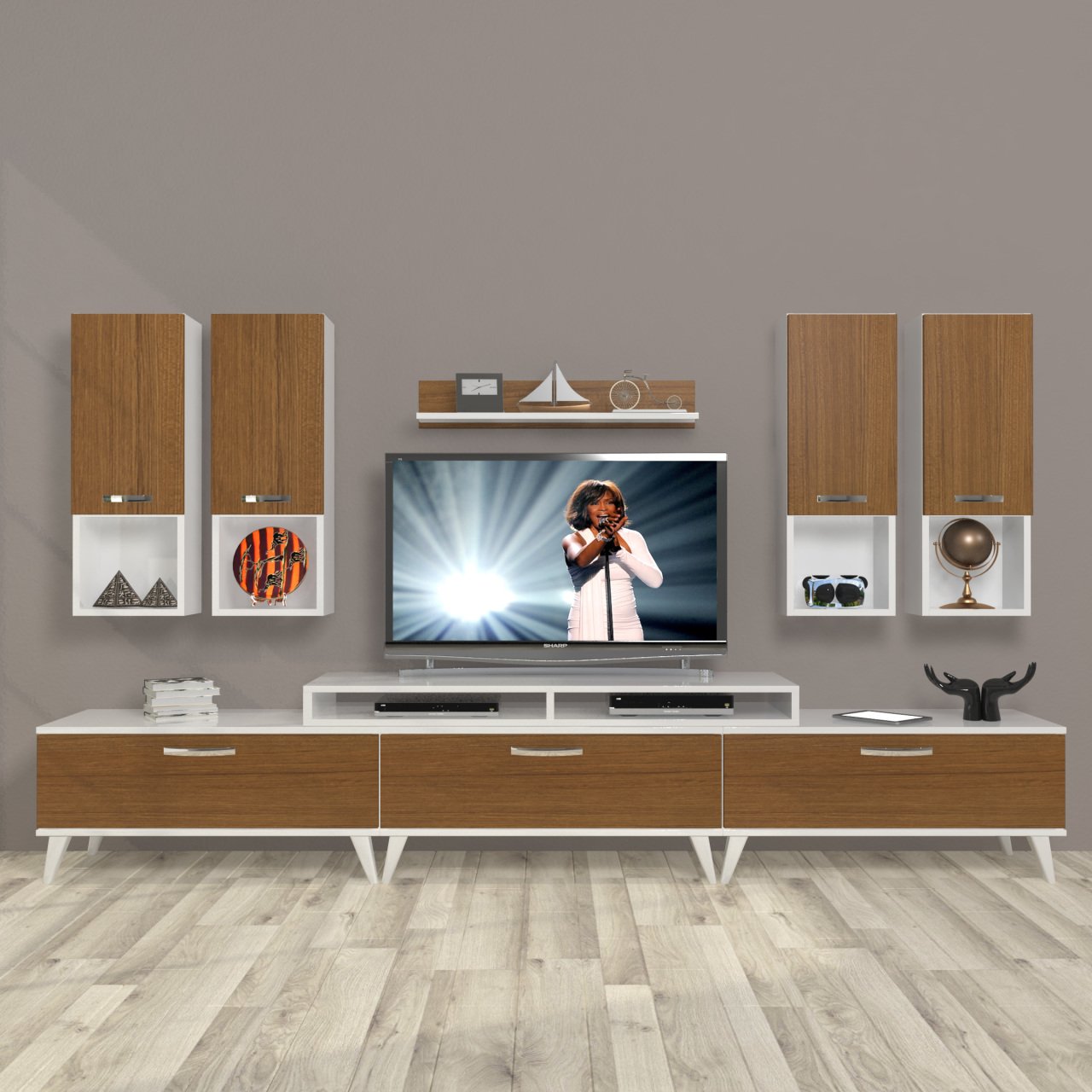 Decoraktiv Ekoflex 8DA Slm Retro Tv Ünitesi Tv Sehpası Beyaz - Ceviz