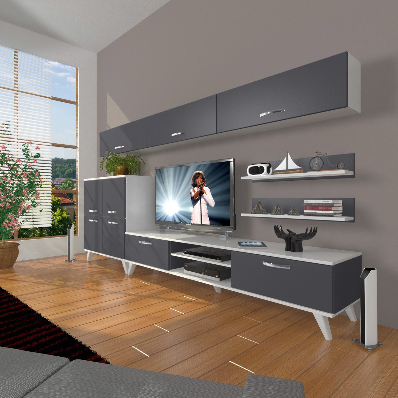 Decoraktiv Eko 8 Mdf Dvd Retro Tv Ünitesi Tv Sehpası Beyaz - Antrasit
