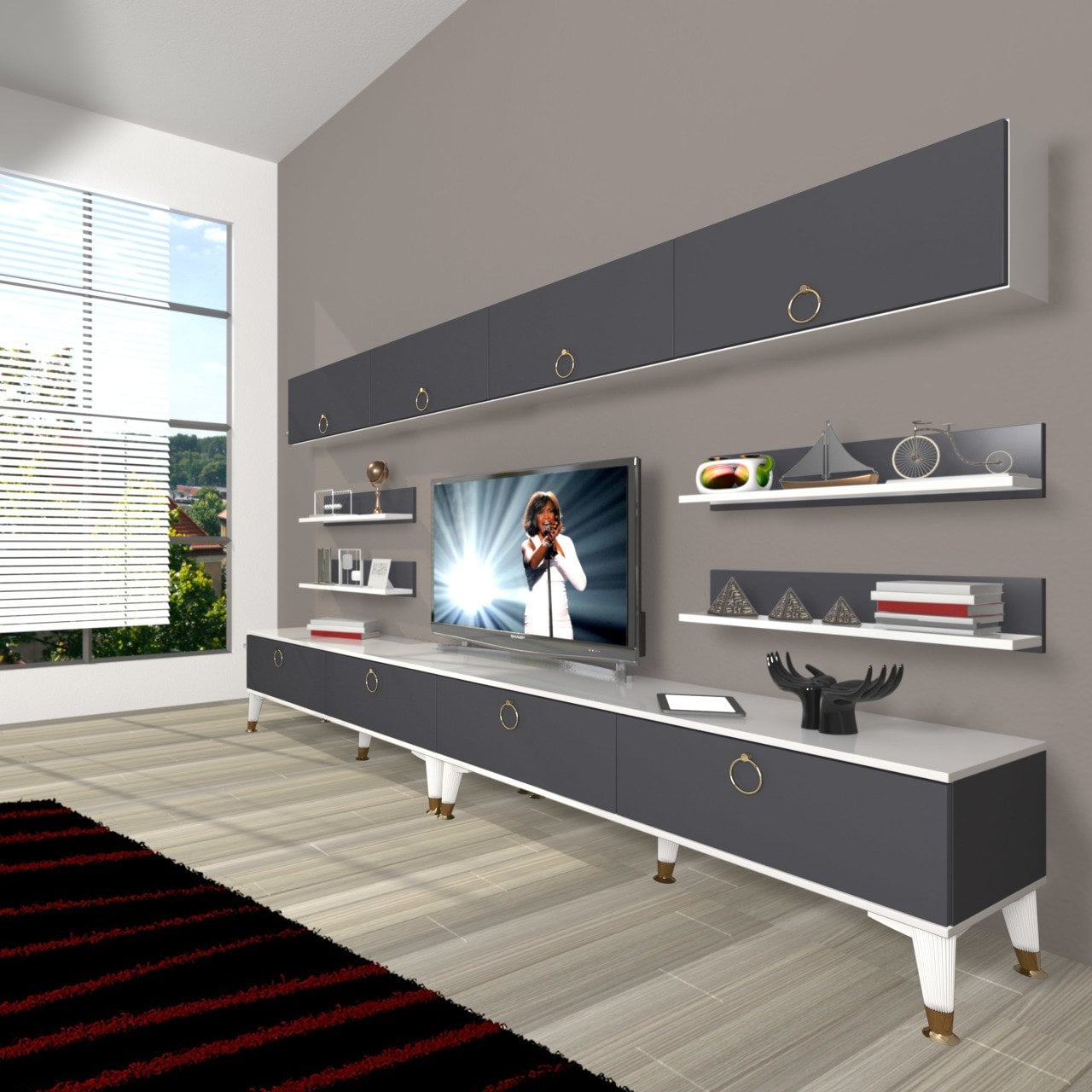 Decoraktiv Eko 360Y Mdf Gold Tv Ünitesi Tv Sehpası Beyaz - Antrasit