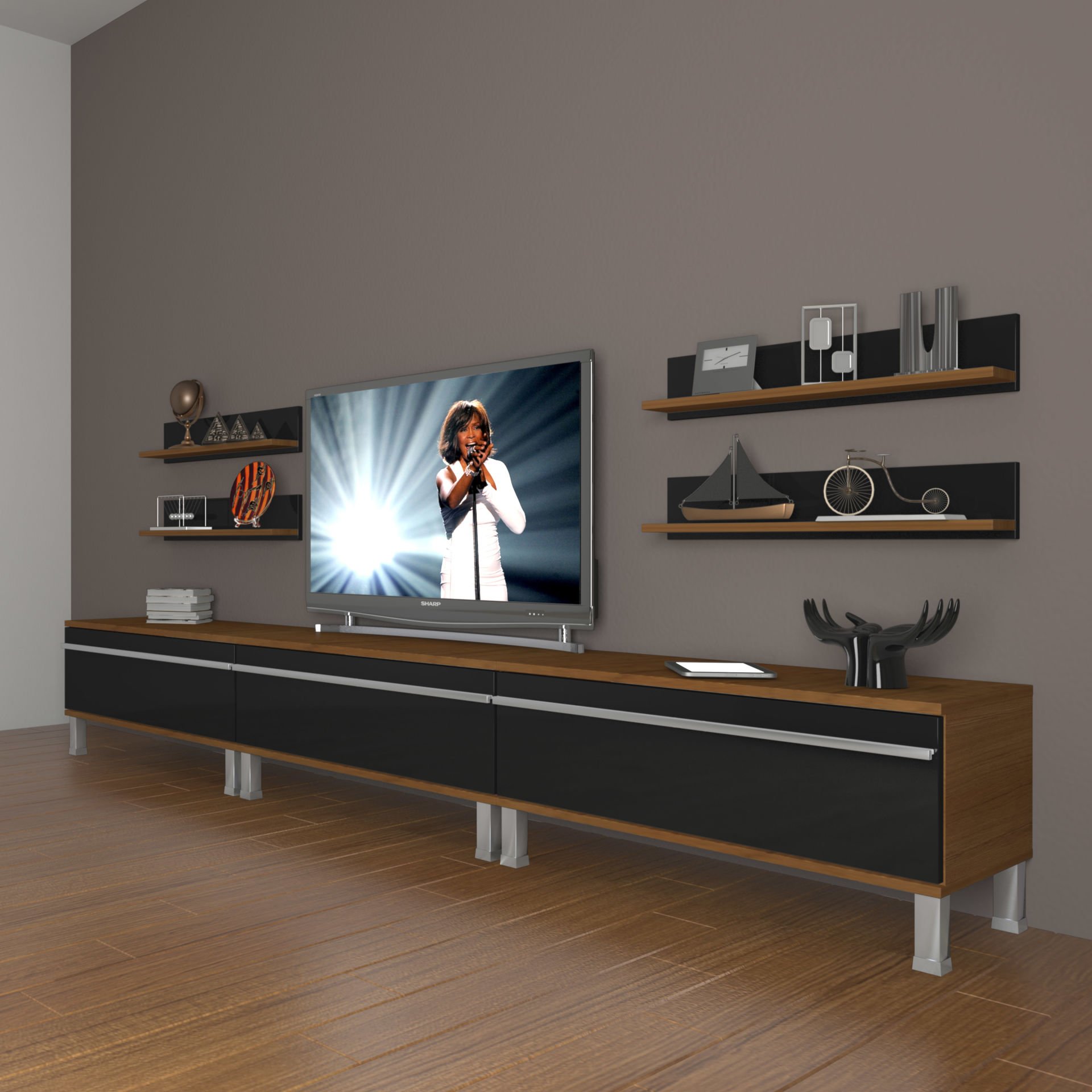 Decoraktiv Eko 270r Mdf Krom Ayaklı Tv Ünitesi Tv Sehpası Ceviz - Siyah