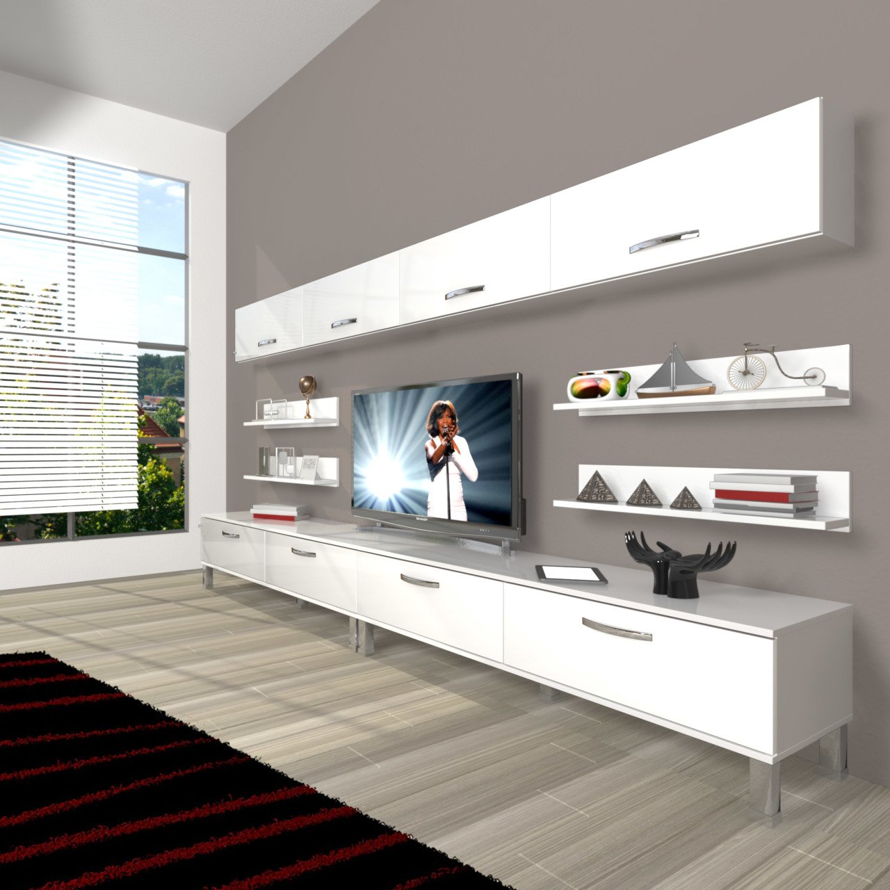 Decoraktiv Eko 360Y Slm Krom Ayaklı Tv Ünitesi Tv Sehpası Parlak Beyaz
