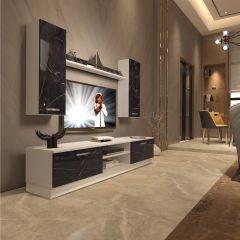 Decoraktiv Eko 5DB Mdf Dvd Tv Ünitesi Tv Sehpası Beyaz - Siyah Mermer