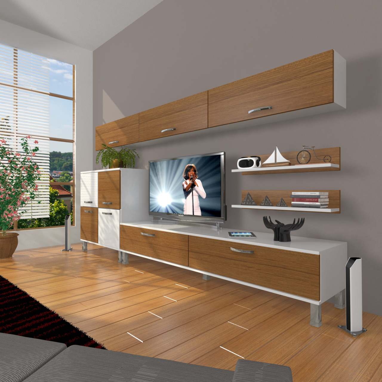 Decoraktiv Eko 8 Slm Std Krom Ayaklı Tv Ünitesi Tv Sehpası Beyaz - Ceviz