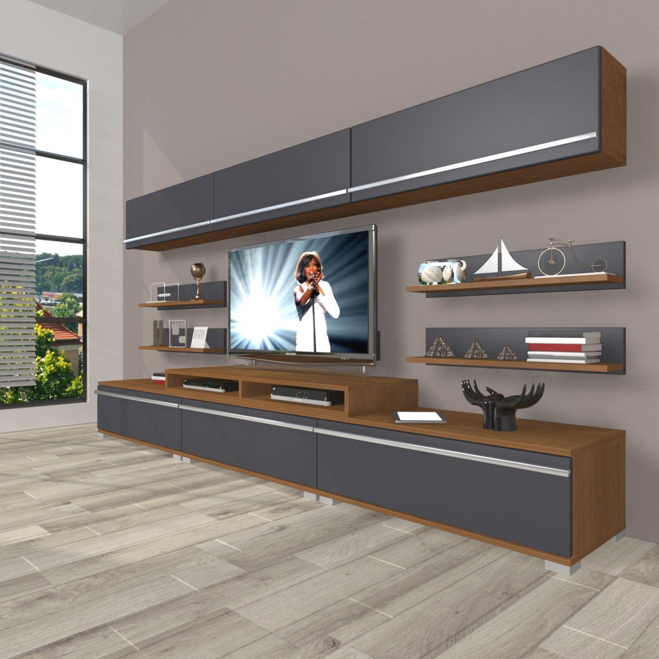 Decoraktiv Ekoflex 8Y Mdf Tv Ünitesi Tv Sehpası Ceviz - Antrasit
