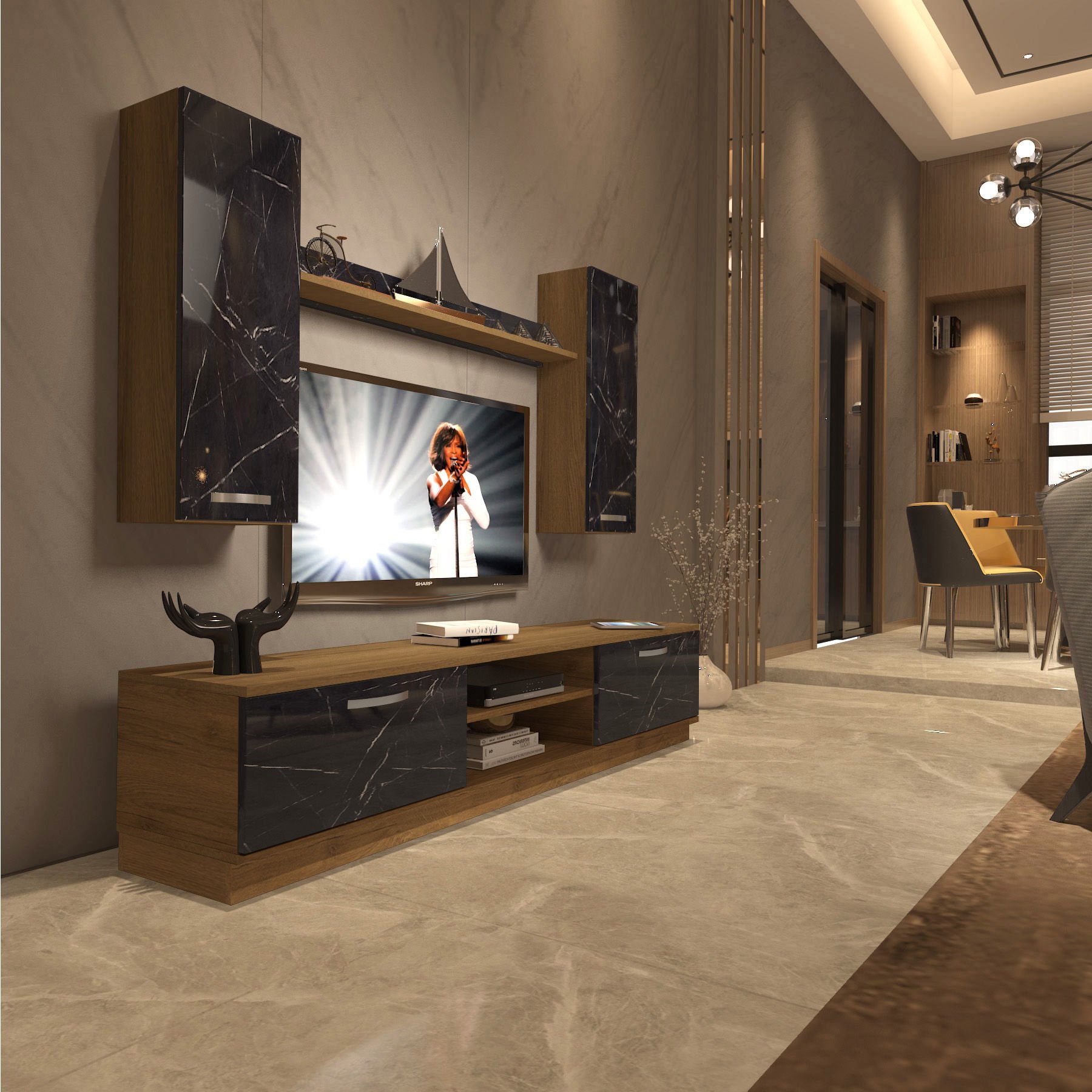 Decoraktiv Eko 5DB Mdf Dvd Tv Ünitesi Tv Sehpası Pera - Siyah Mermer