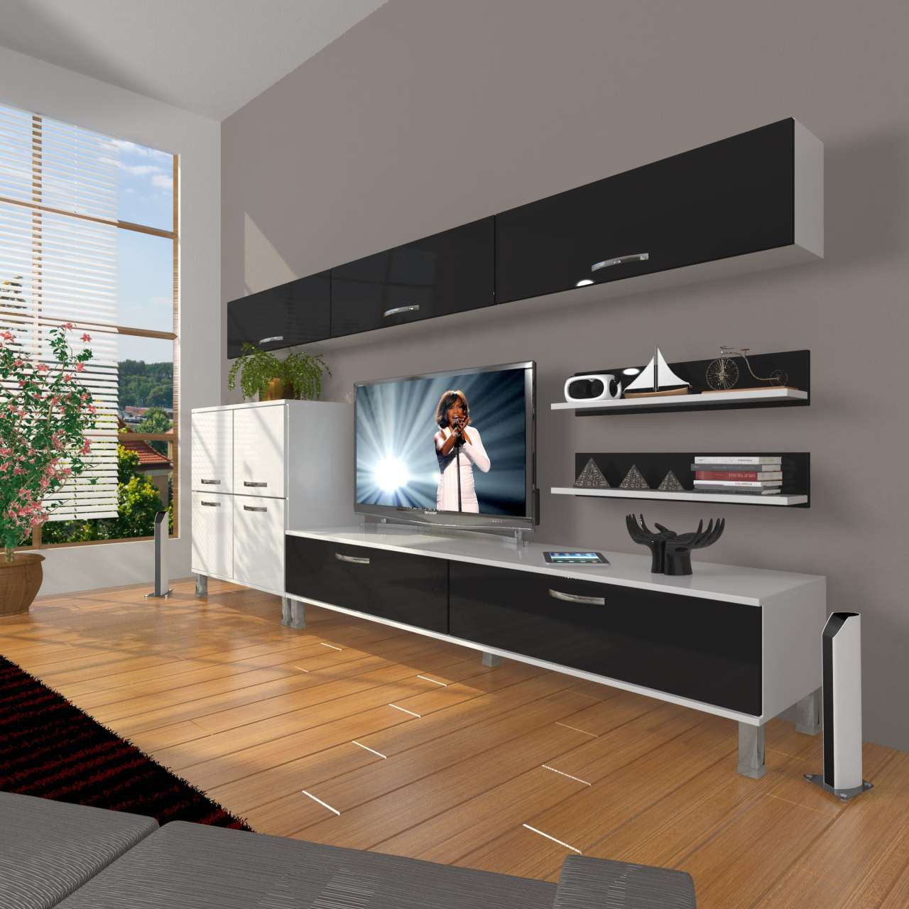 Decoraktiv Eko 8 Slm Std Krom Ayaklı Tv Ünitesi Tv Sehpası Beyaz - Siyah