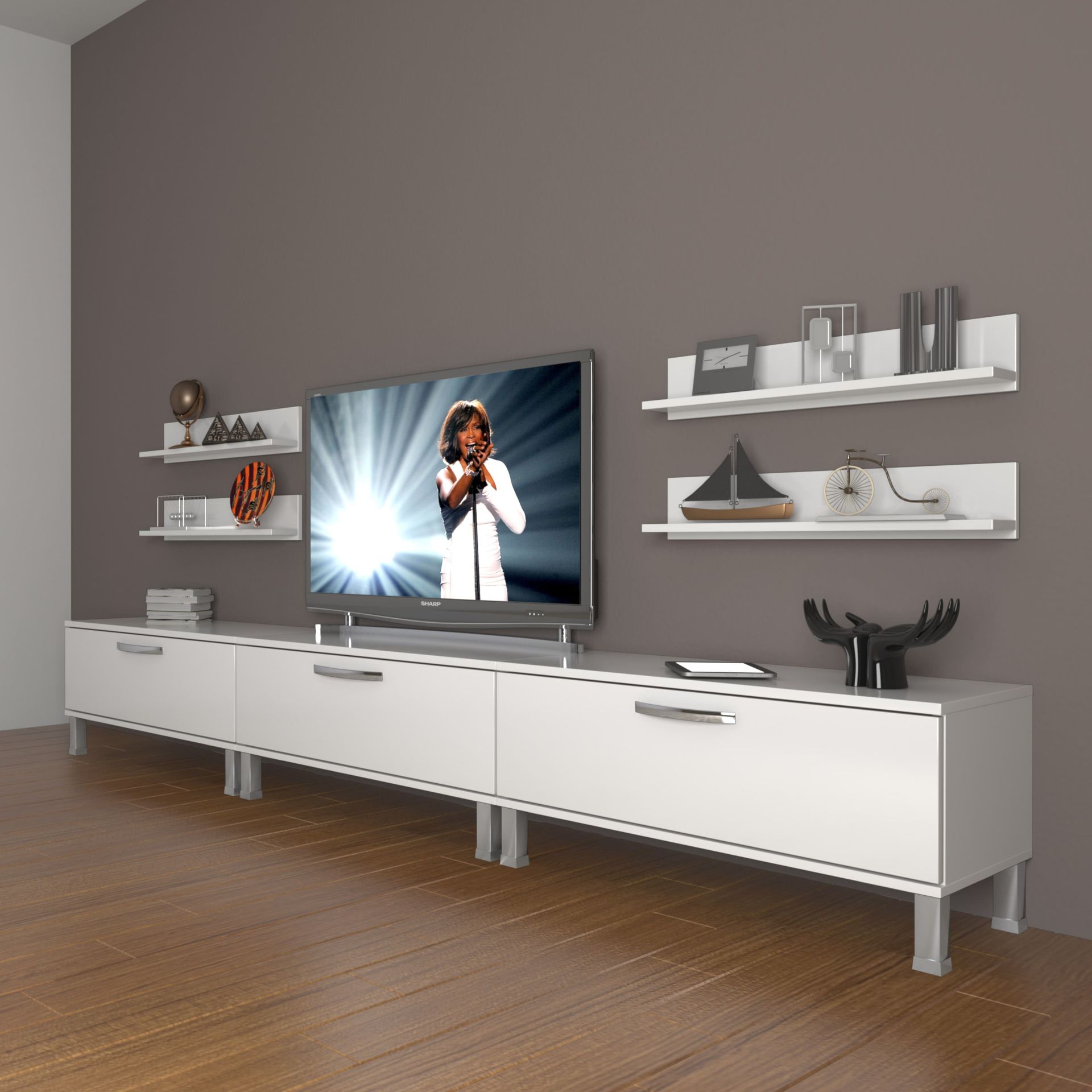 Decoraktiv Eko 270r Slm Krom Ayaklı Tv Ünitesi Tv Sehpası Parlak Beyaz