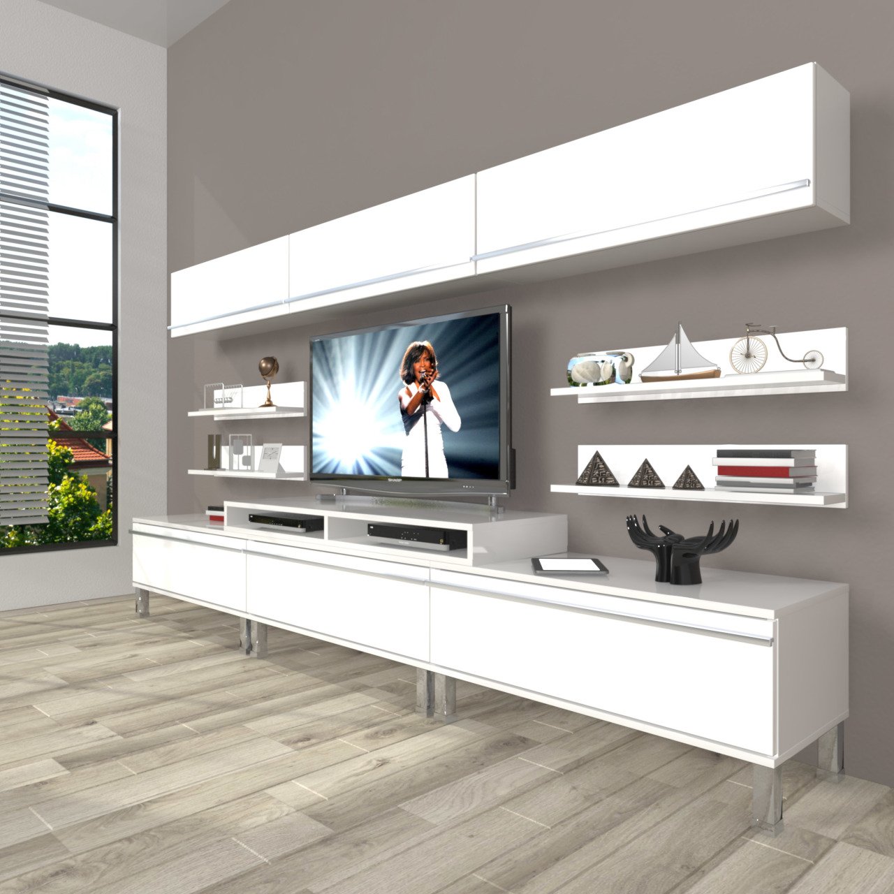 Decoraktiv Ekoflex 8Y Mdf Krom Ayaklı Tv Ünitesi Tv Sehpası Parlak Beyaz