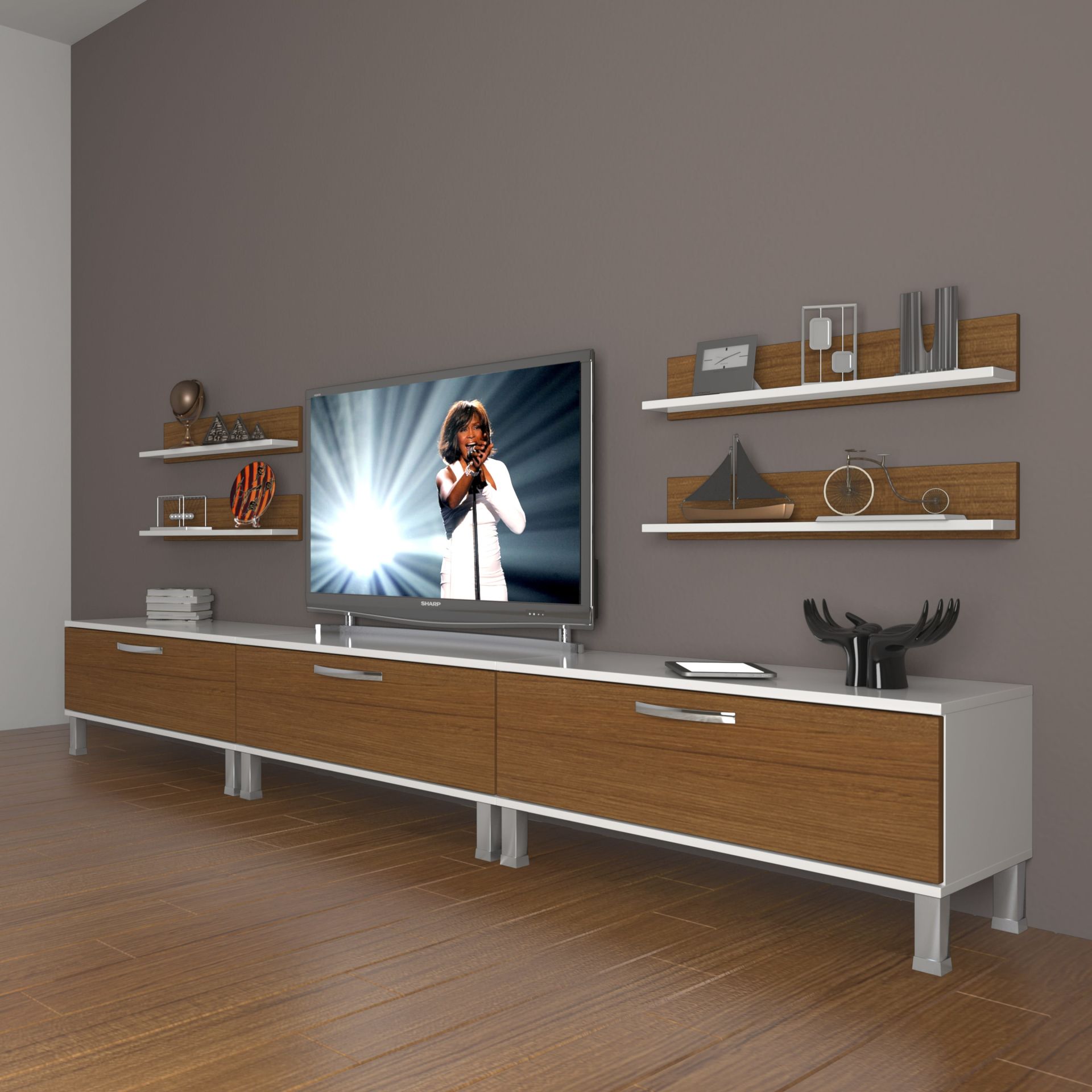 Decoraktiv Eko 270r Slm Krom Ayaklı Tv Ünitesi Tv Sehpası Beyaz - Ceviz