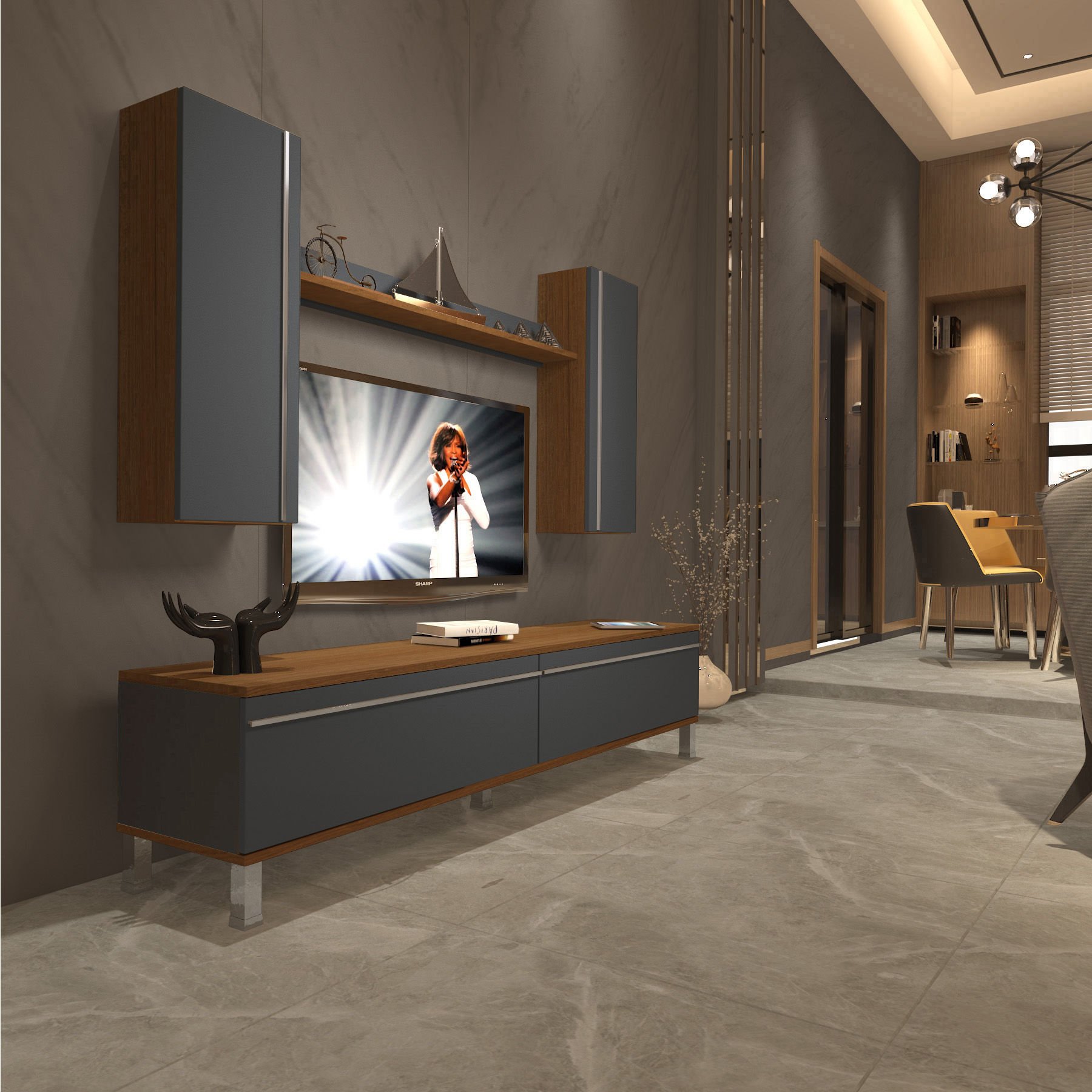Decoraktiv Eko 5D Mdf Std Krom Ayaklı Tv Ünitesi Tv Sehpası Ceviz - Antrasit