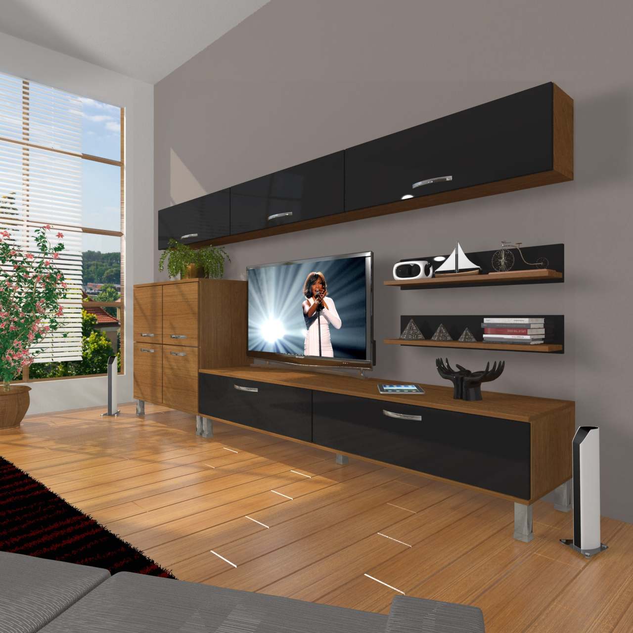 Decoraktiv Eko 8 Slm Std Krom Ayaklı Tv Ünitesi Tv Sehpası Ceviz - Siyah