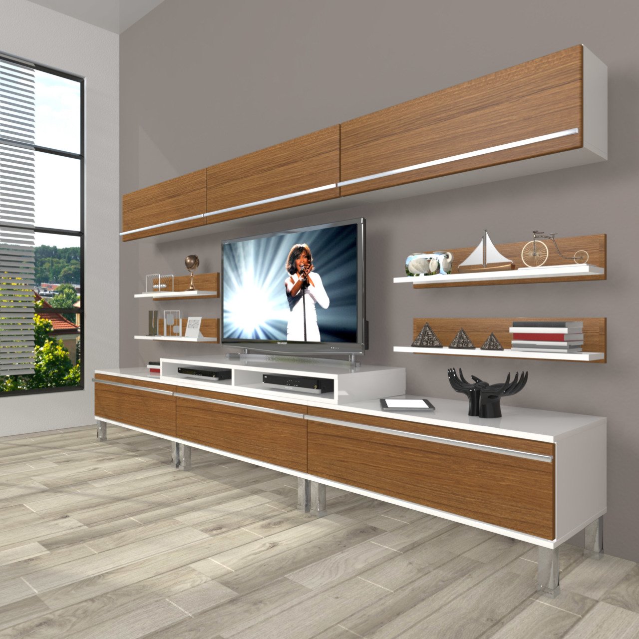 Decoraktiv Ekoflex 8Y Mdf Krom Ayaklı Tv Ünitesi Tv Sehpası Beyaz - Ceviz