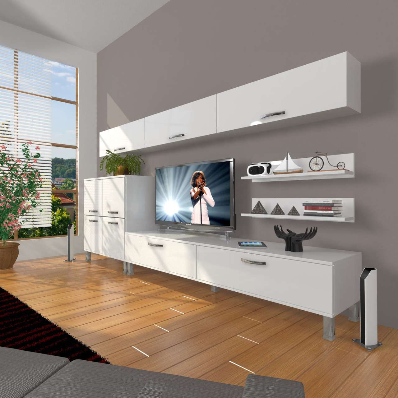 Decoraktiv Eko 8 Slm Std Krom Ayaklı Tv Ünitesi Tv Sehpası Parlak Beyaz