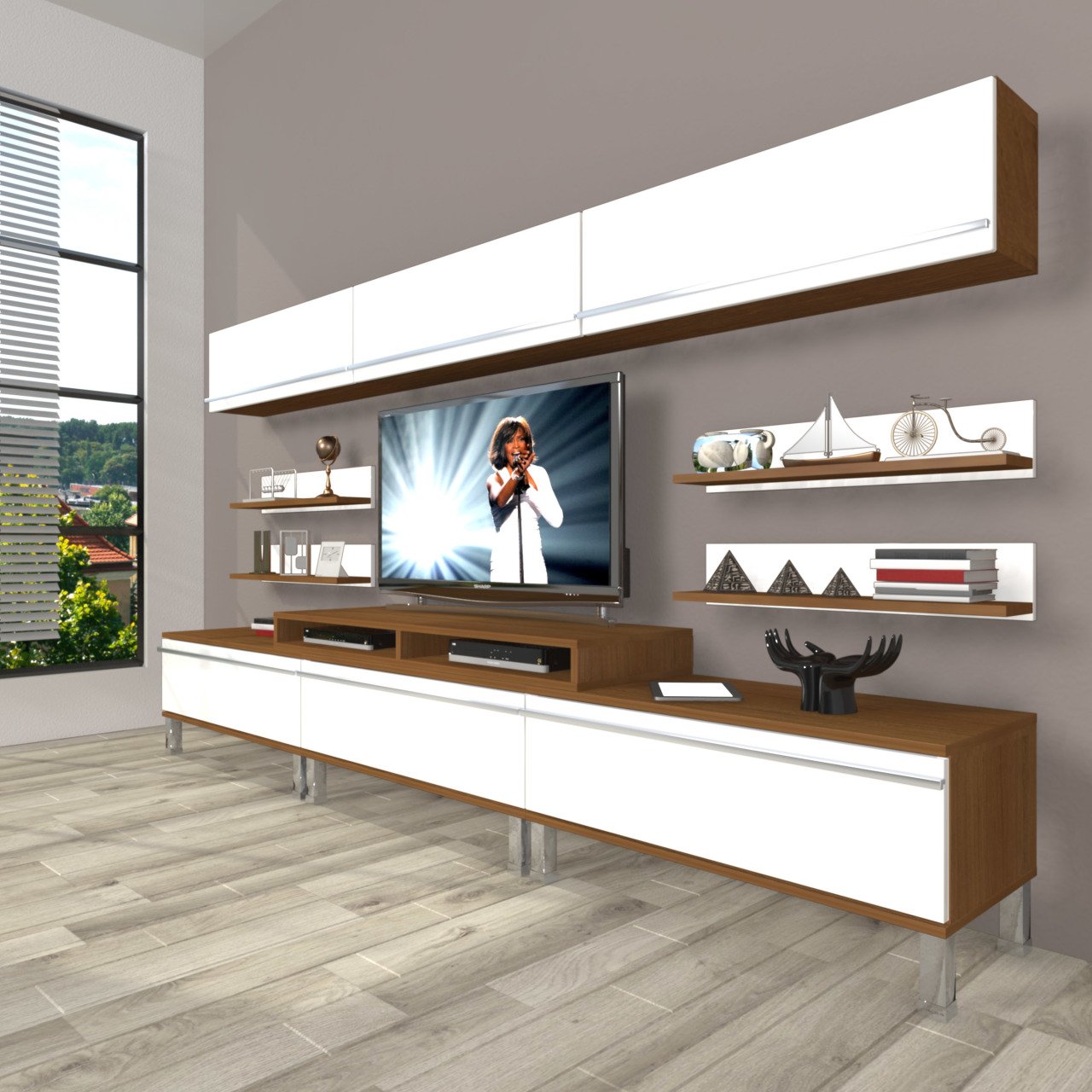 Decoraktiv Ekoflex 8Y Mdf Krom Ayaklı Tv Ünitesi Tv Sehpası Ceviz - Beyaz