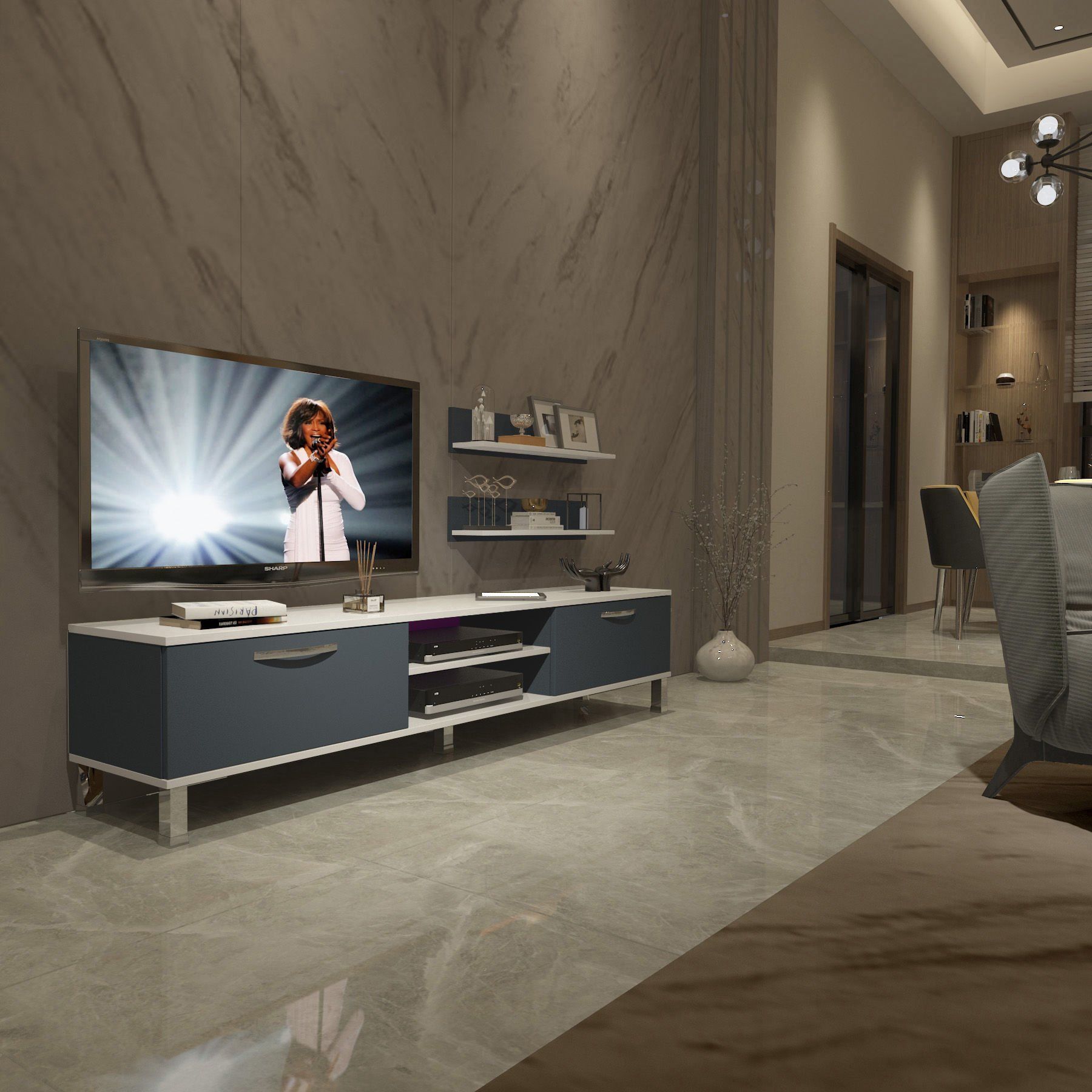 Decoraktiv Eko 4 Mdf Dvd Krom Ayaklı Tv Ünitesi Tv Sehpası Beyaz - Antrasit