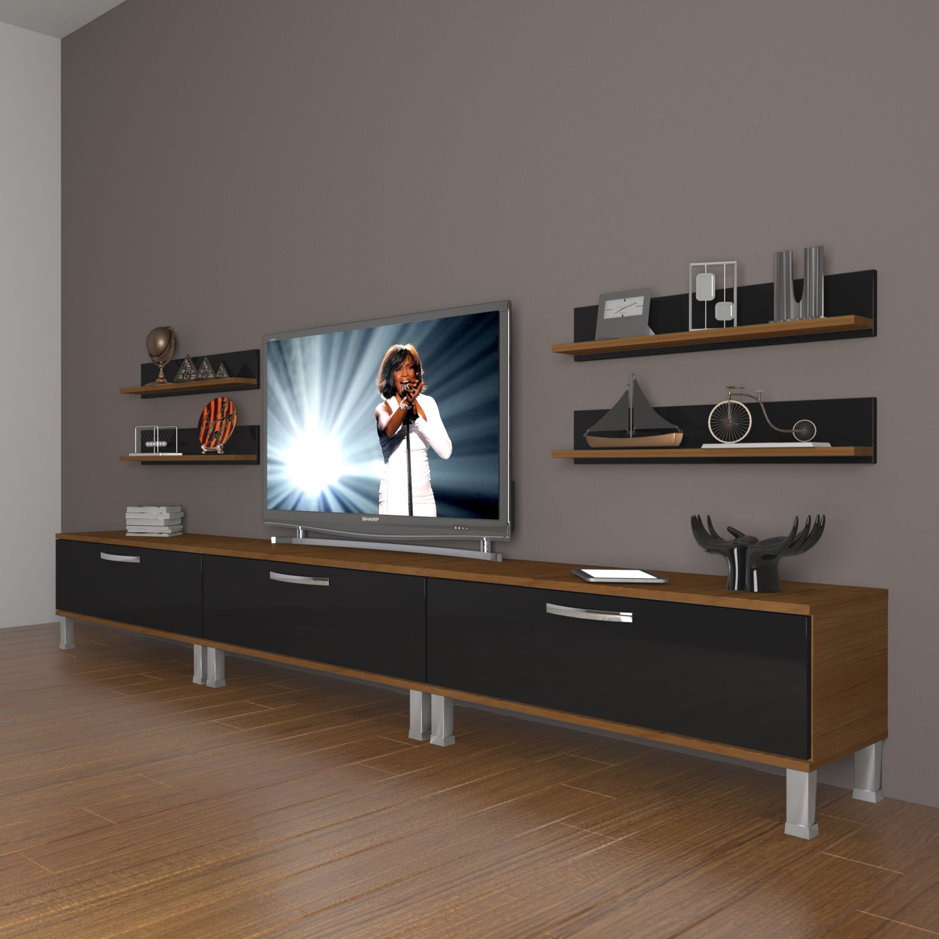 Decoraktiv Eko 270r Slm Krom Ayaklı Tv Ünitesi Tv Sehpası Ceviz - Siyah