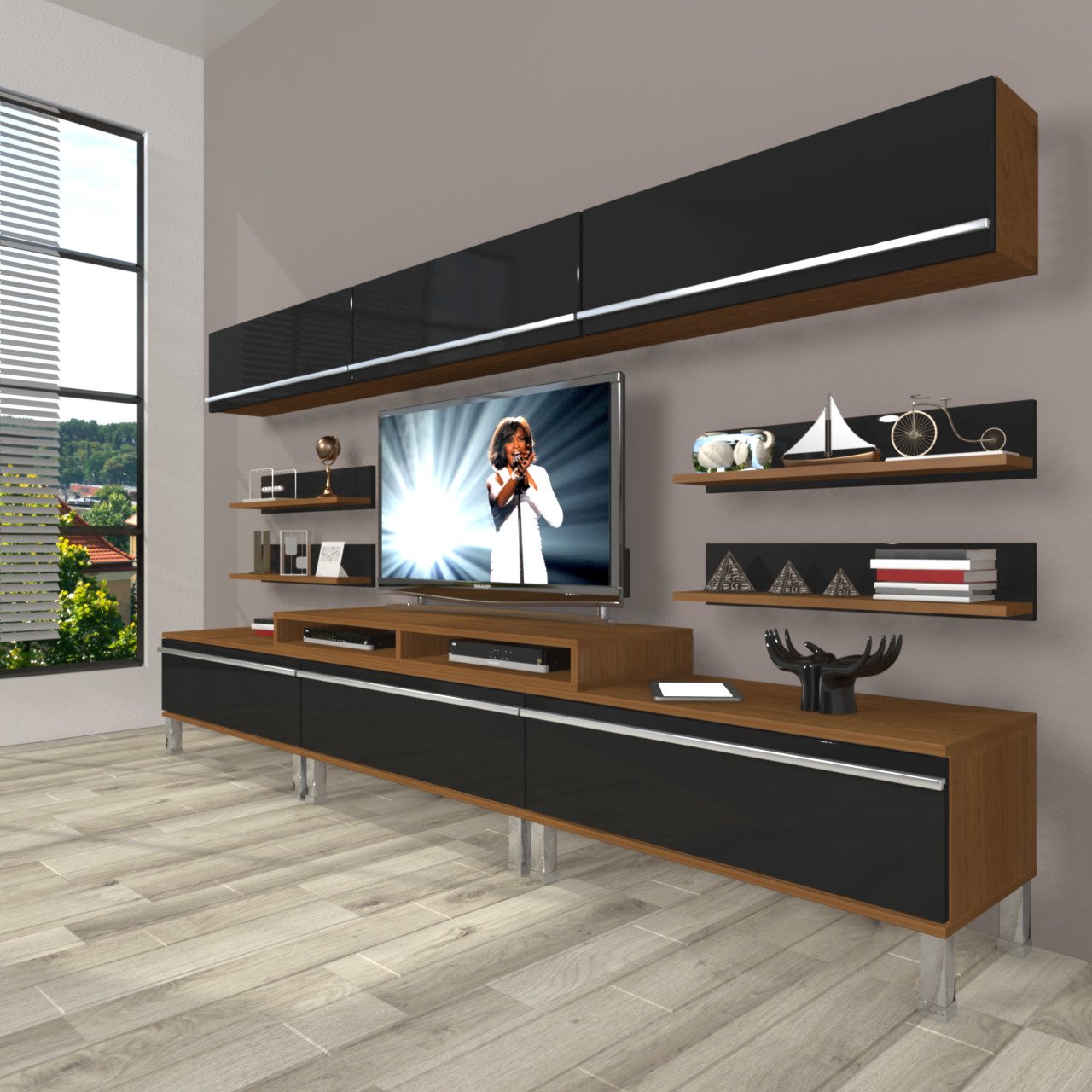Decoraktiv Ekoflex 8Y Mdf Krom Ayaklı Tv Ünitesi Tv Sehpası Ceviz - Siyah