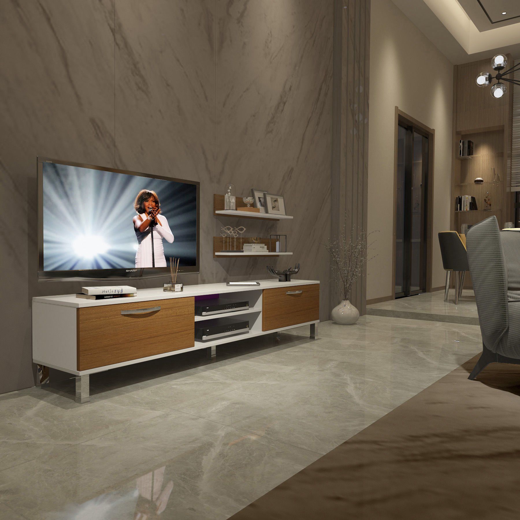 Decoraktiv Eko 4 Mdf Dvd Krom Ayaklı Tv Ünitesi Tv Sehpası Beyaz - Ceviz