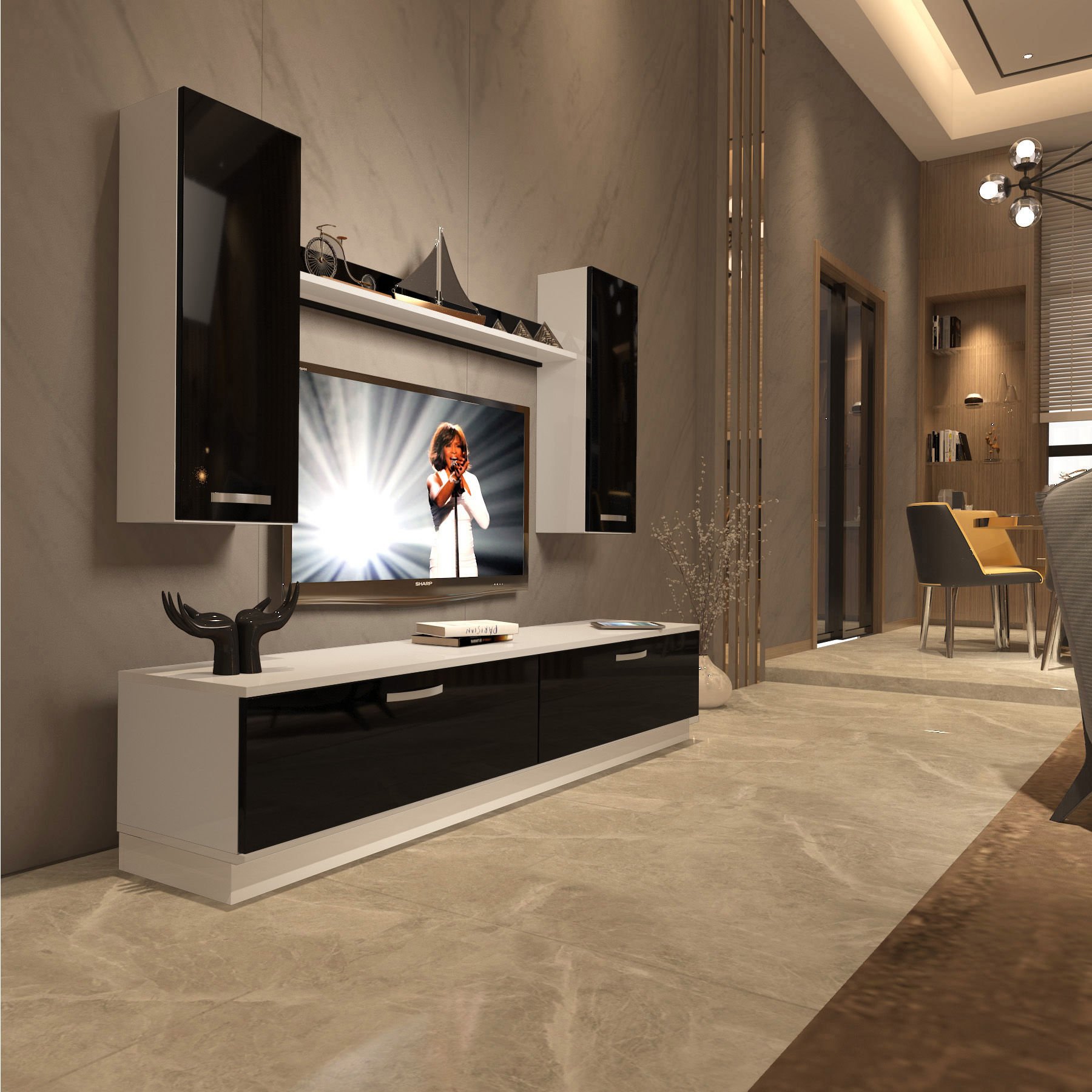 Decoraktiv Eko 5DB Slm Std Tv Ünitesi Tv Sehpası Beyaz - Siyah
