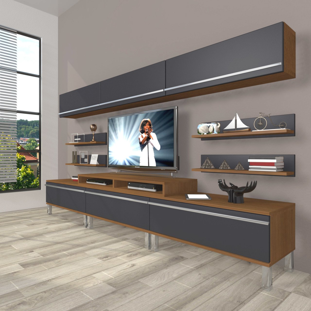 Decoraktiv Ekoflex 8Y Mdf Krom Ayaklı Tv Ünitesi Tv Sehpası Ceviz - Antrasit