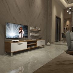 Decoraktiv Eko 4 Mdf Dvd Krom Ayaklı Tv Ünitesi Tv Sehpası Ceviz - Beyaz