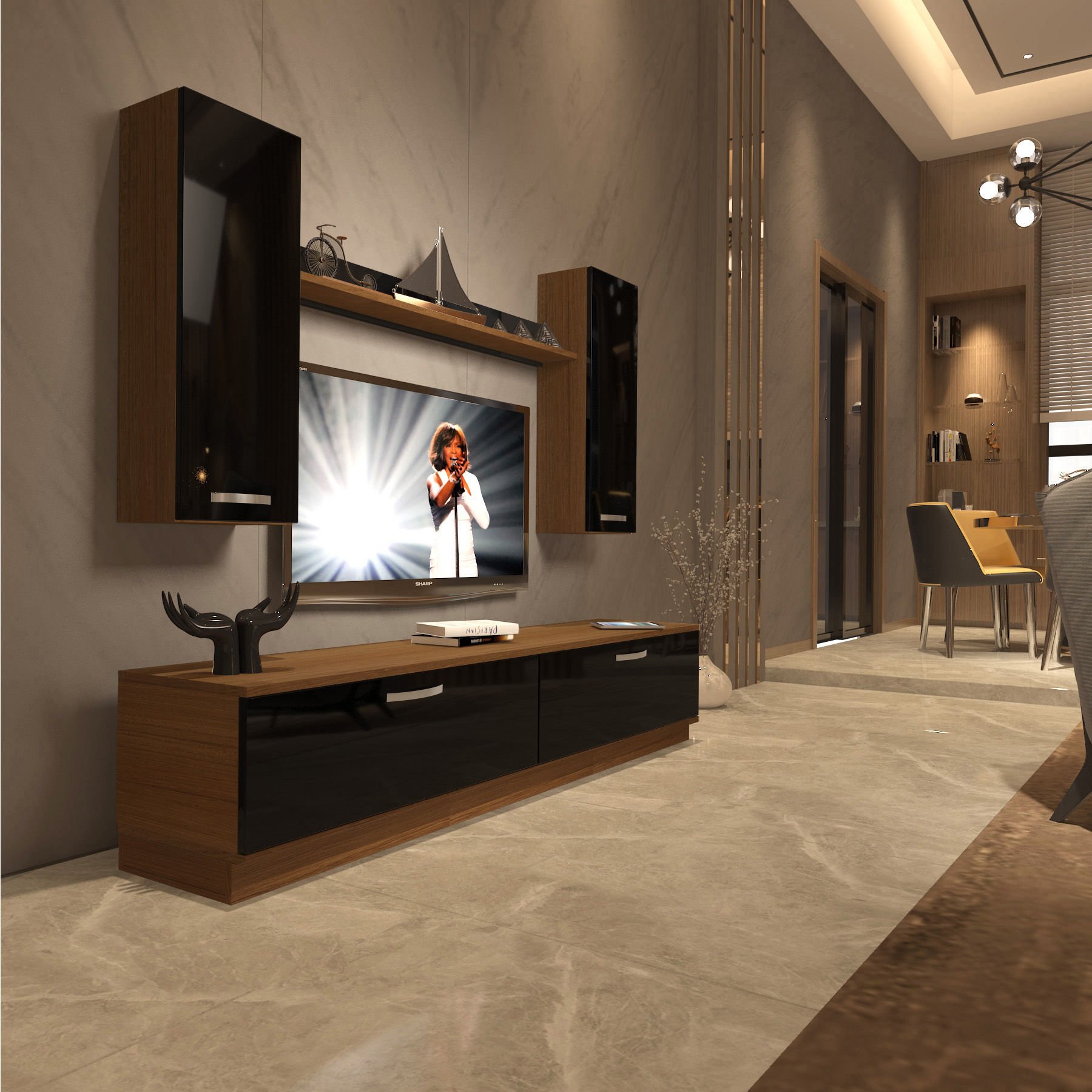 Decoraktiv Eko 5DB Slm Std Tv Ünitesi Tv Sehpası Ceviz - Siyah