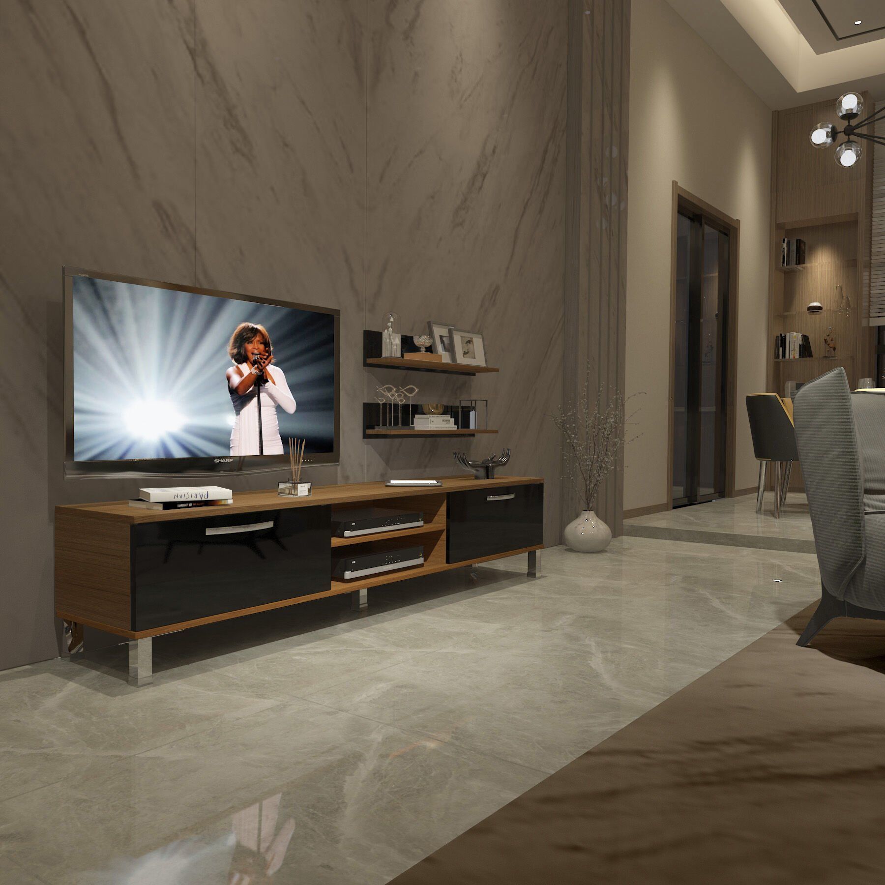 Decoraktiv Eko 4 Mdf Dvd Krom Ayaklı Tv Ünitesi Tv Sehpası Ceviz - Siyah